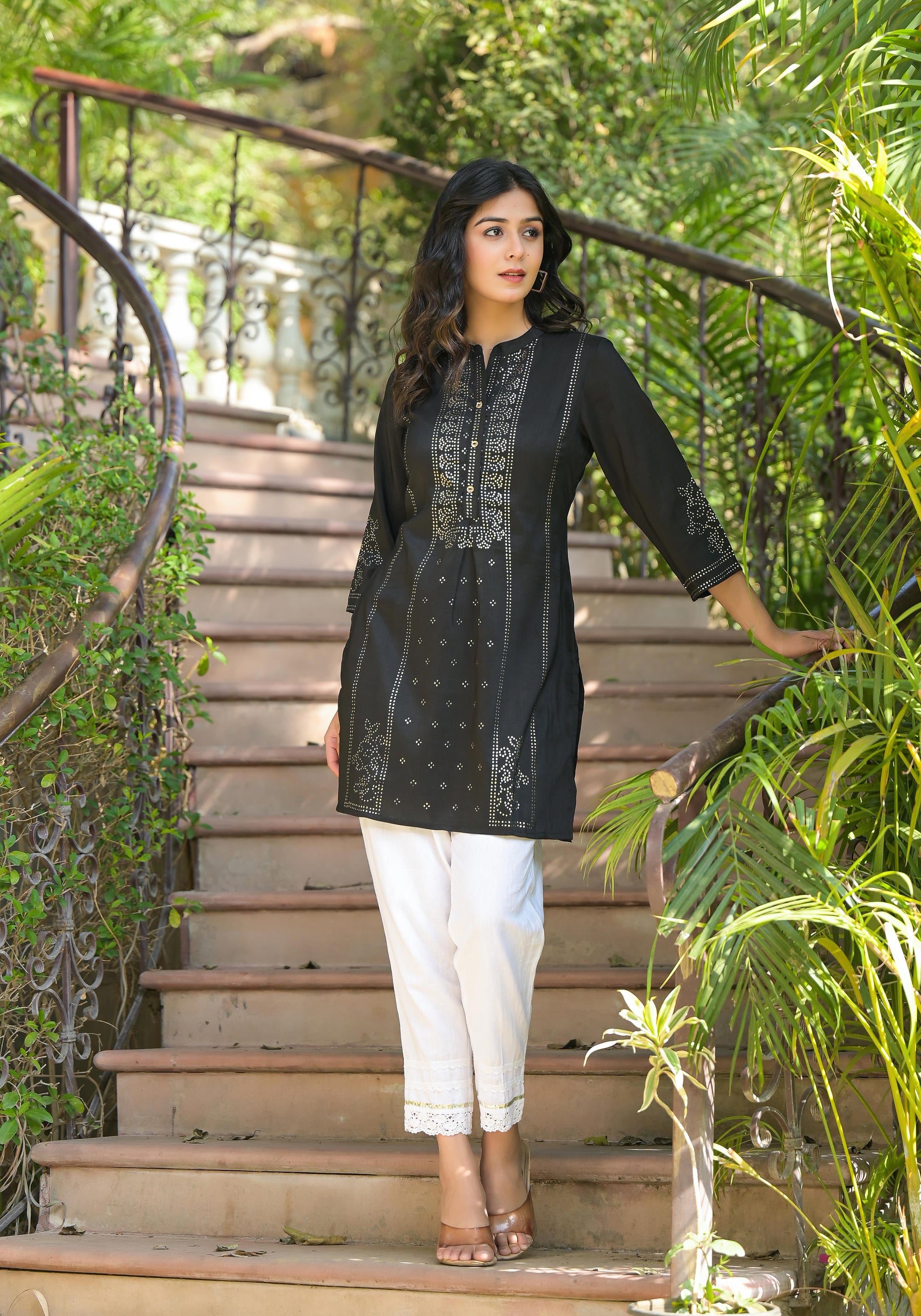 Black Ethnic Motif Printed Silk Tunic With Buttons