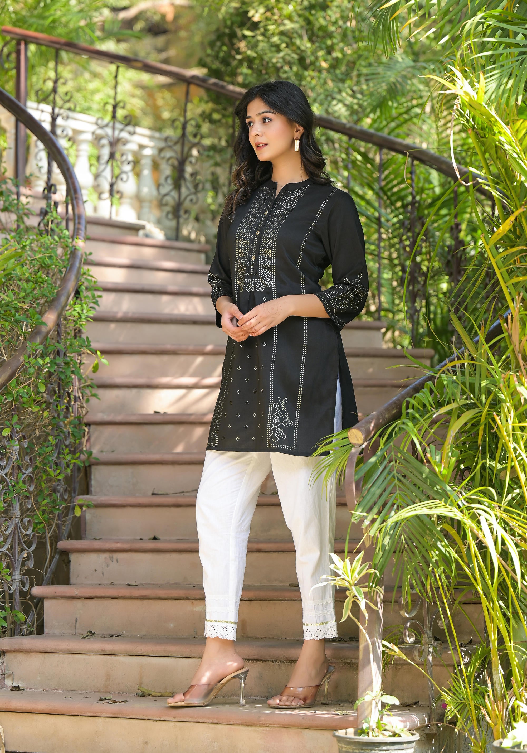 Black Ethnic Motif Printed Silk Tunic With Buttons