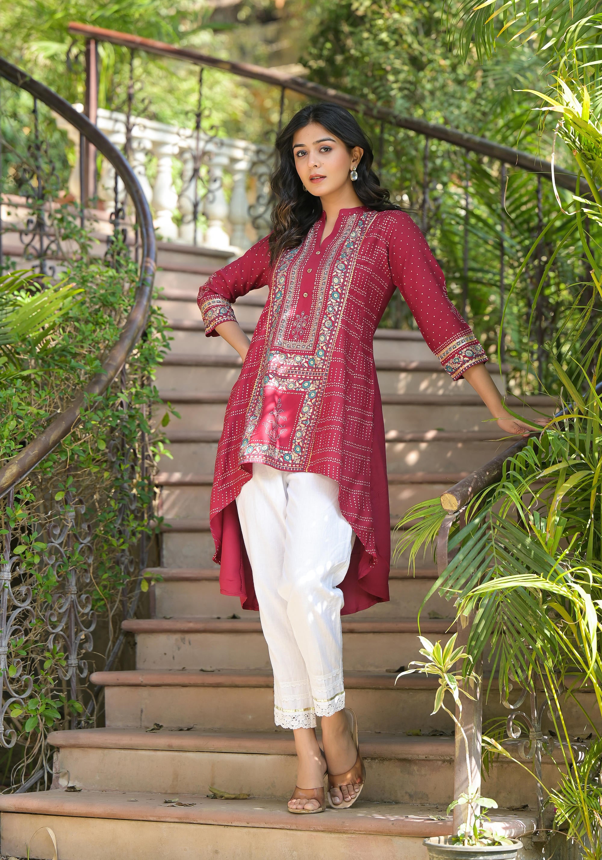 Maroon Bandhani Printed Liva Rayon Tunic With Sequins & Thread Work