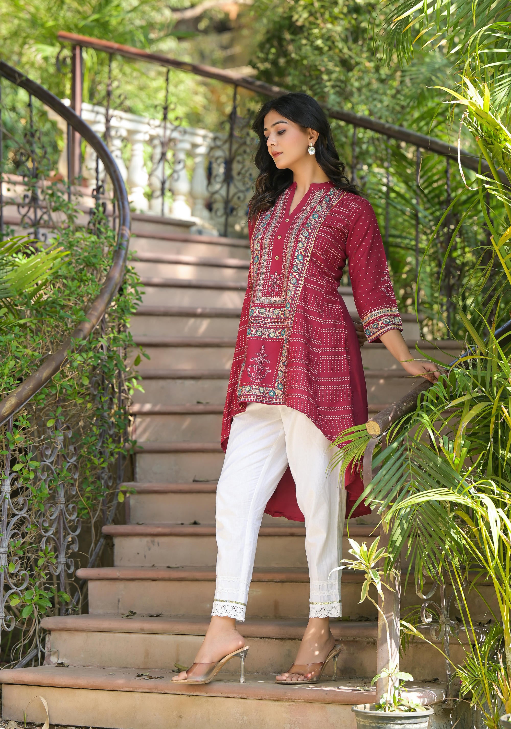 Maroon Bandhani Printed Liva Rayon Tunic With Sequins & Thread Work