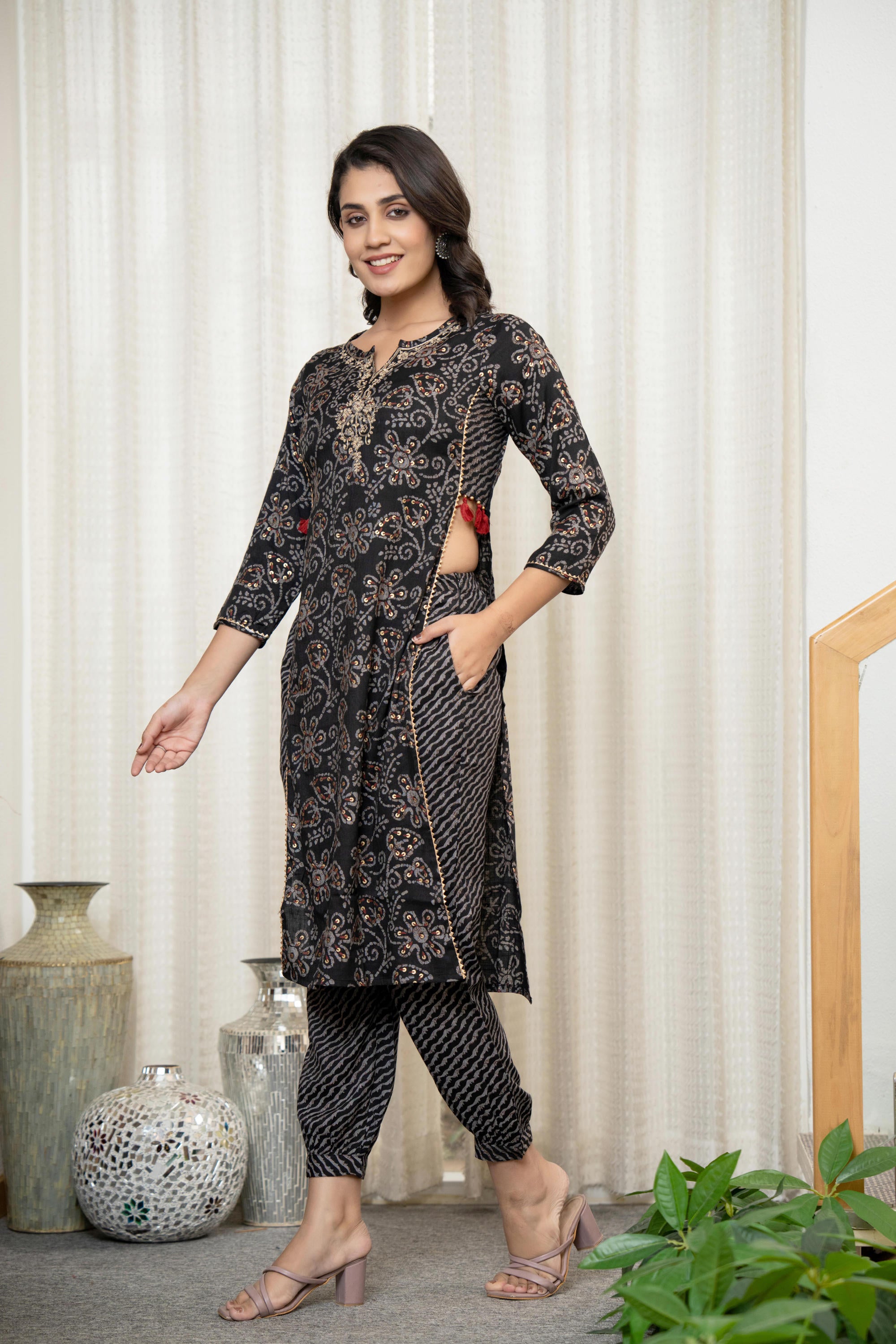 Black Floral Printed Liva Rayon Kurta With Afghani Pants