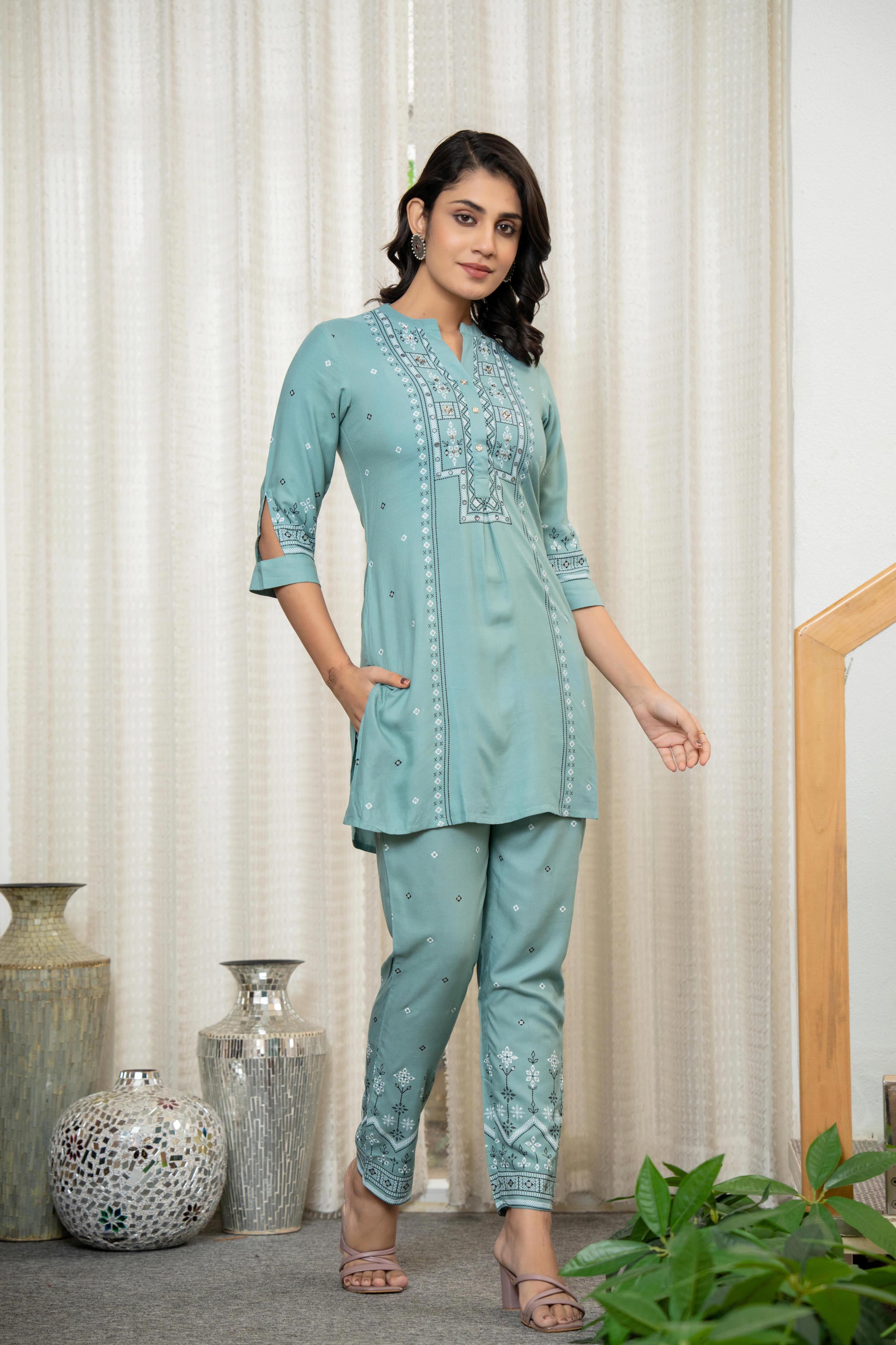 Green Ethnic Motif Printed Liva Rayon Co-Ord Set With Sequins & Beads