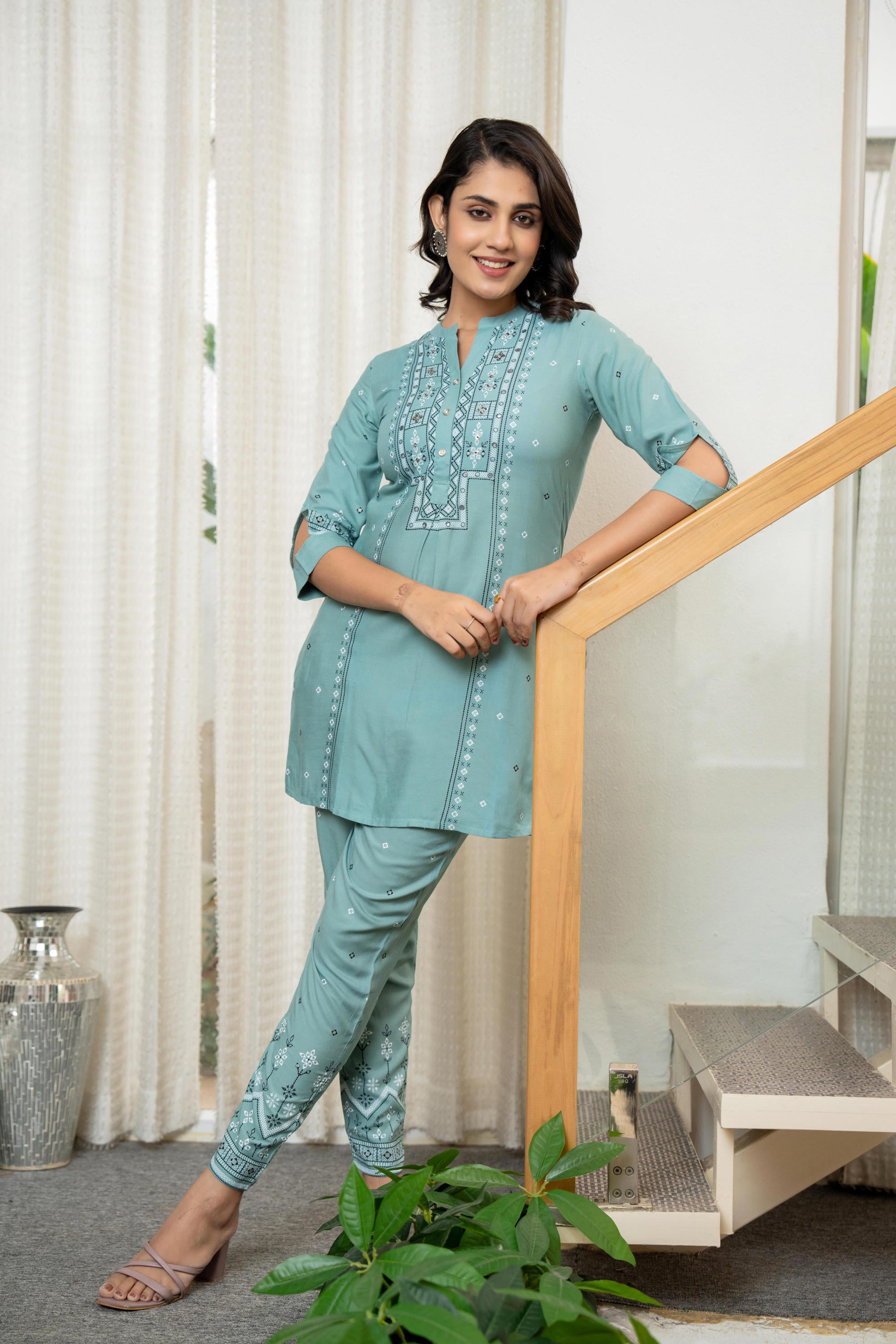 Green Ethnic Motif Printed Liva Rayon Co-Ord Set With Sequins & Beads