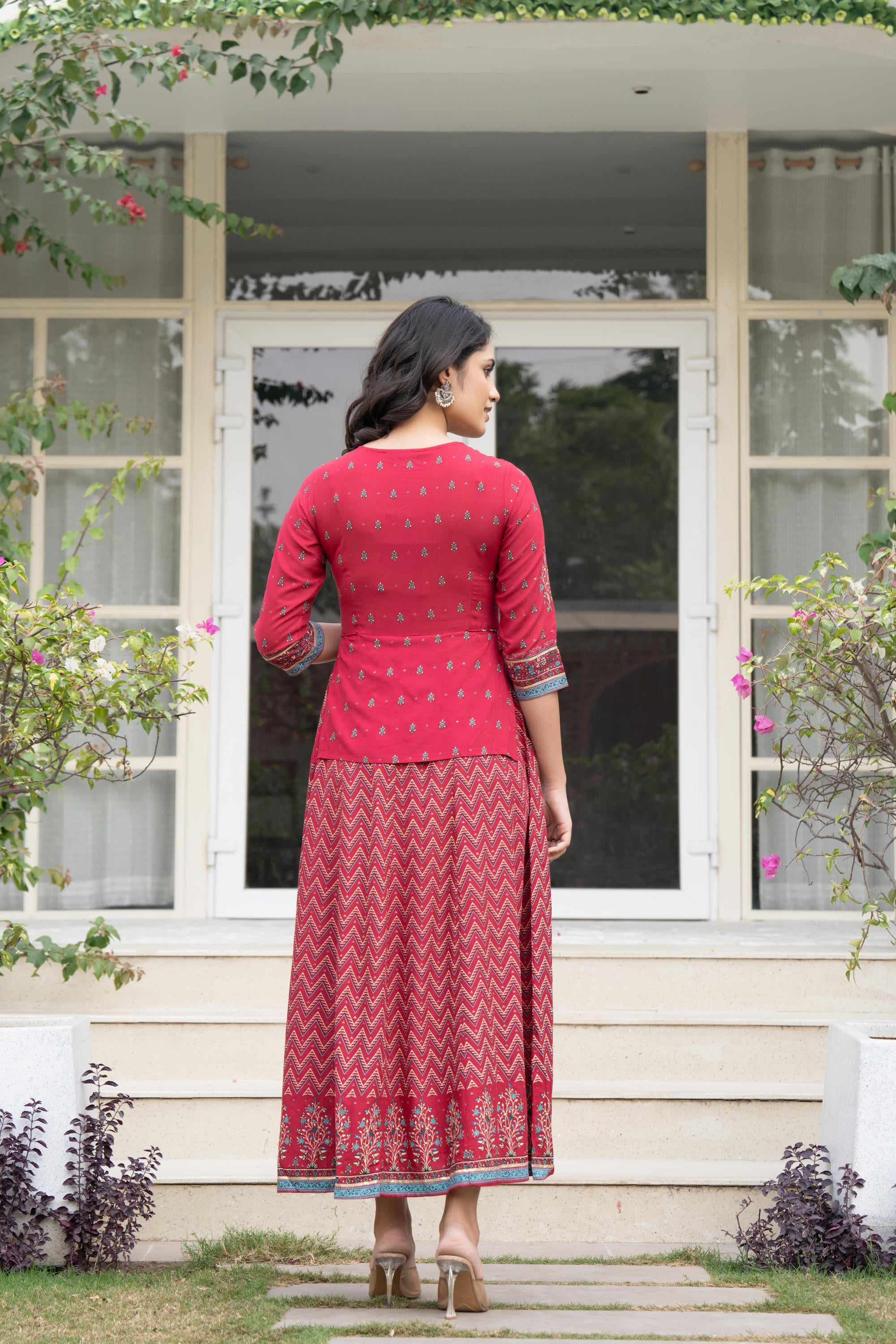 Red Floral Printed Liva RayonDress With Tassels & Sequins