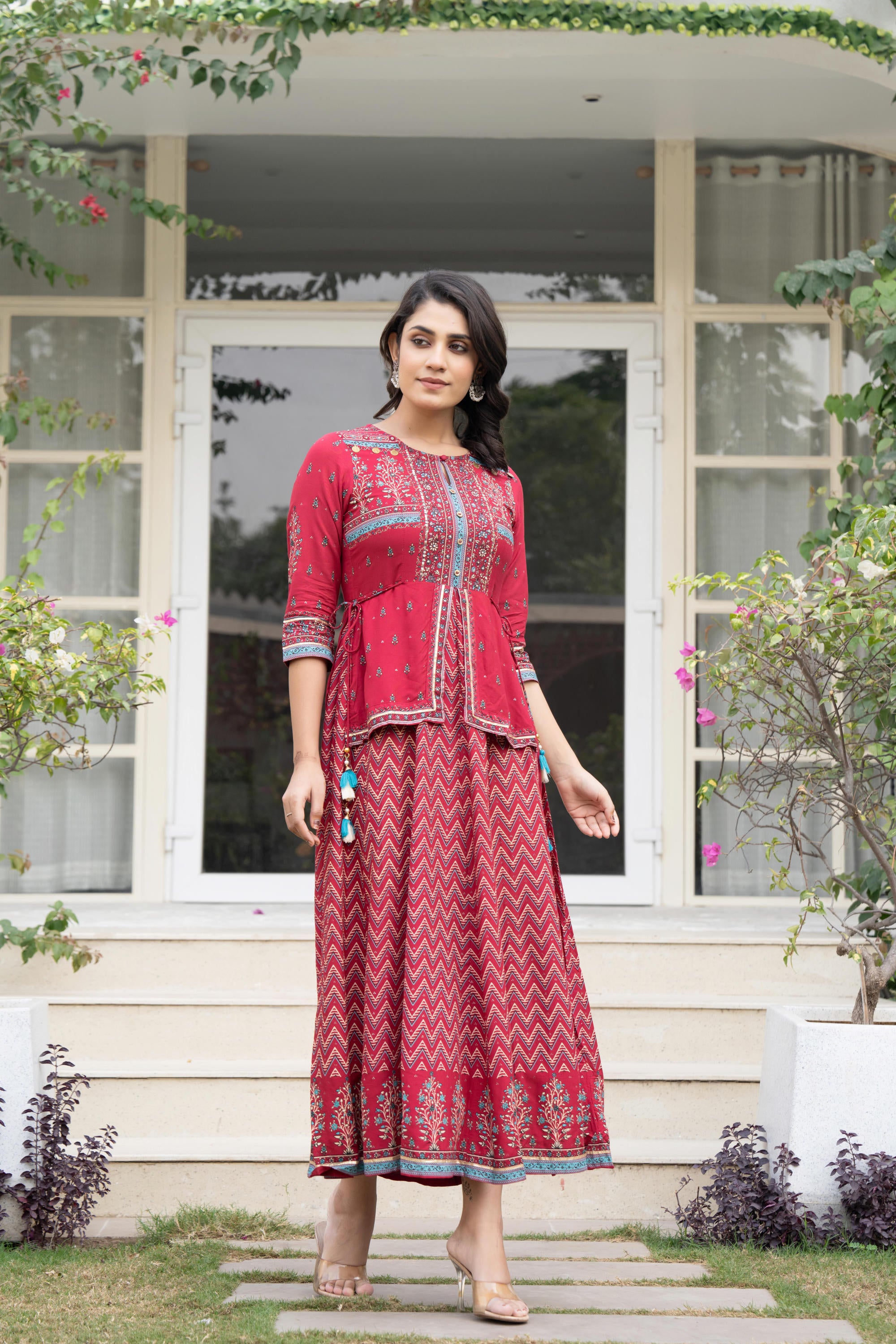 Red Floral Printed Liva RayonDress With Tassels & Sequins