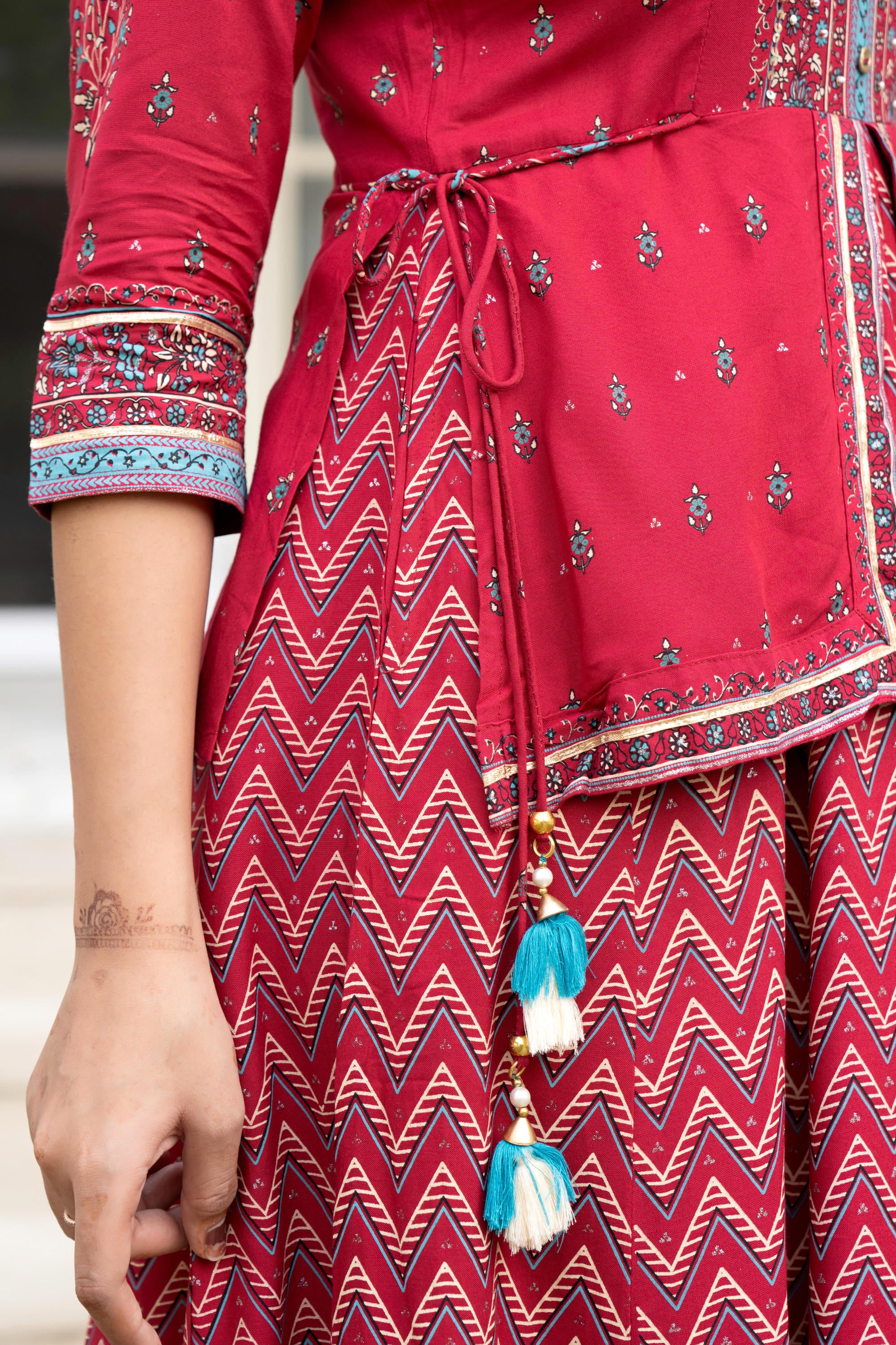 Red Floral Printed Liva RayonDress With Tassels & Sequins