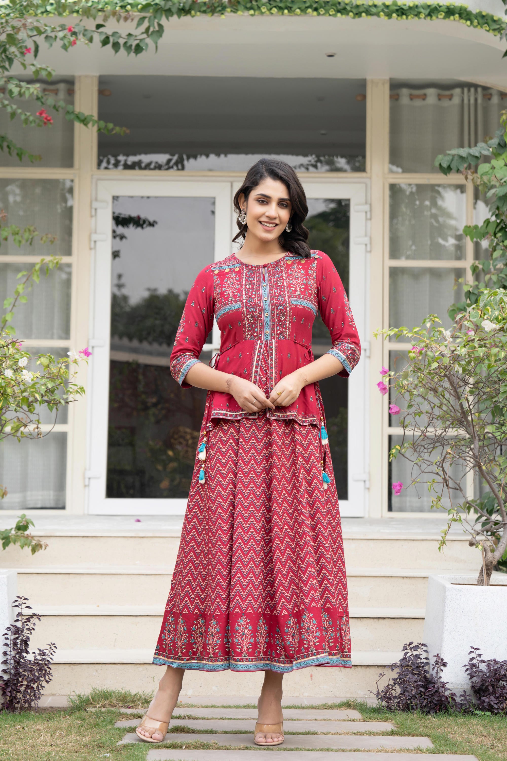 Red Floral Printed Liva RayonDress With Tassels & Sequins