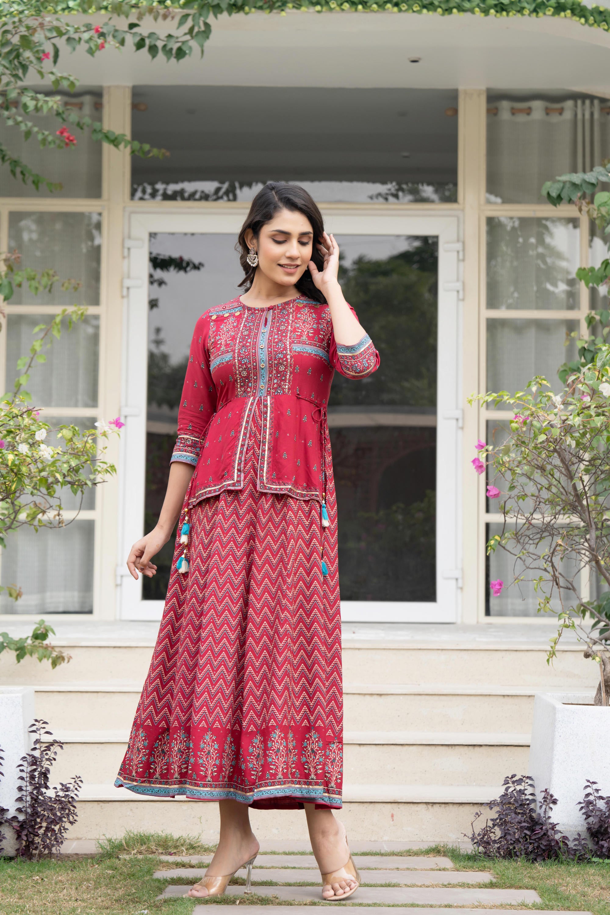 Red Floral Printed Liva RayonDress With Tassels & Sequins