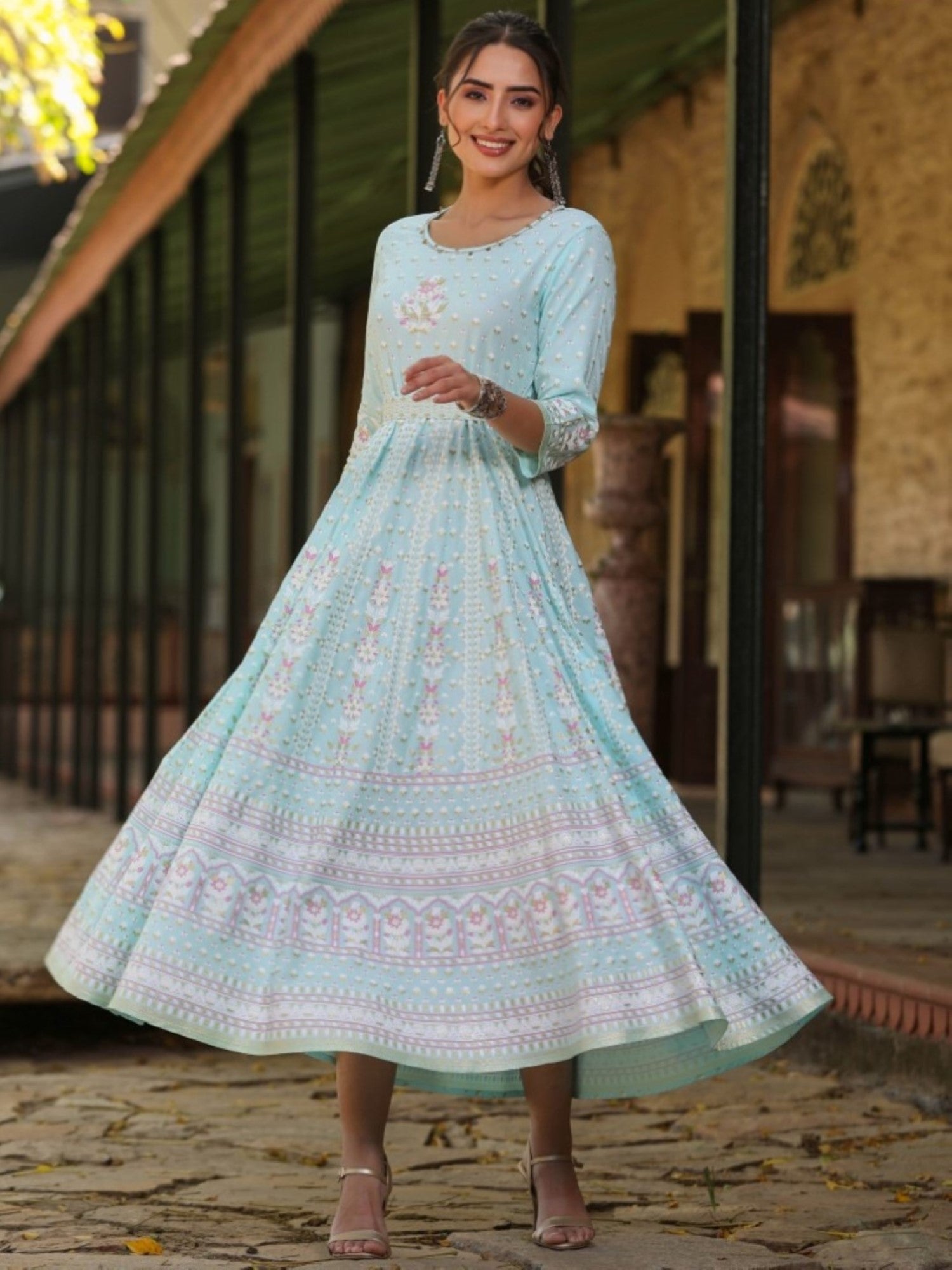Juniper Women Sky Blue LIVA Printed Maxi Dress