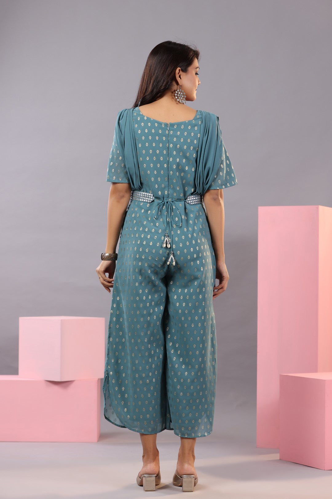 Georgette Printed Jumpsuit with Ethnic Motif, Square Neck & Half Sleeves