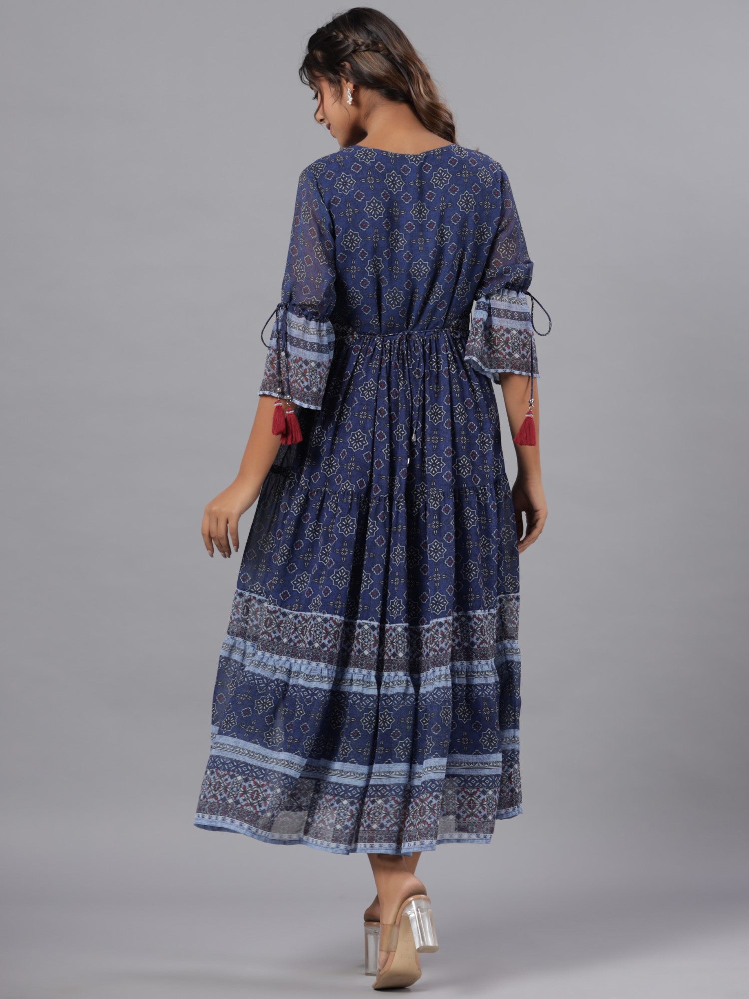 Juniper Women Navy Blue Georgette Geometric Printed Tiered Maxi Dress