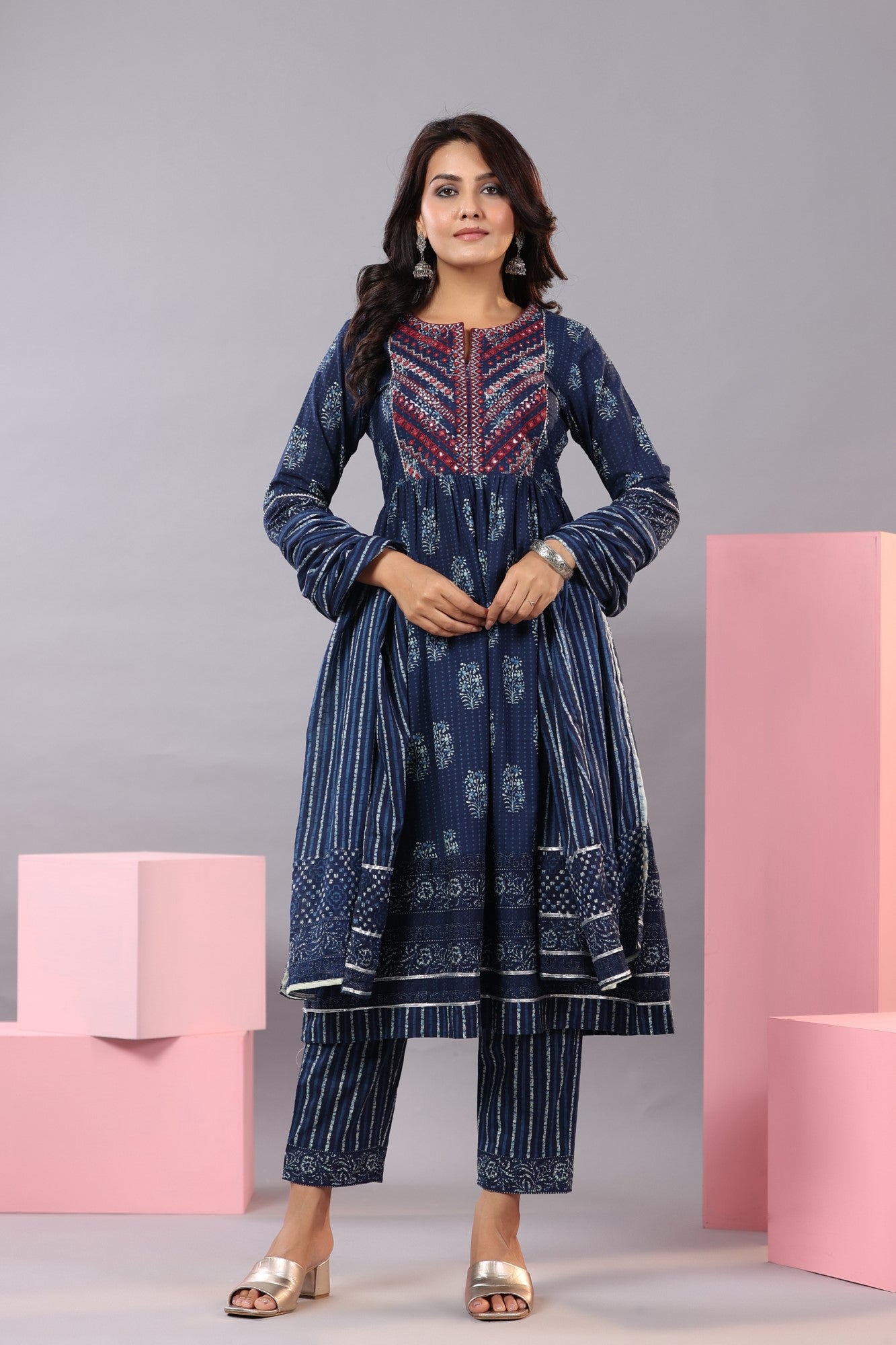 Juniper Women Indigo Cotton Cambric Batik texture Printed Kurta, Pants and Dupatta Set