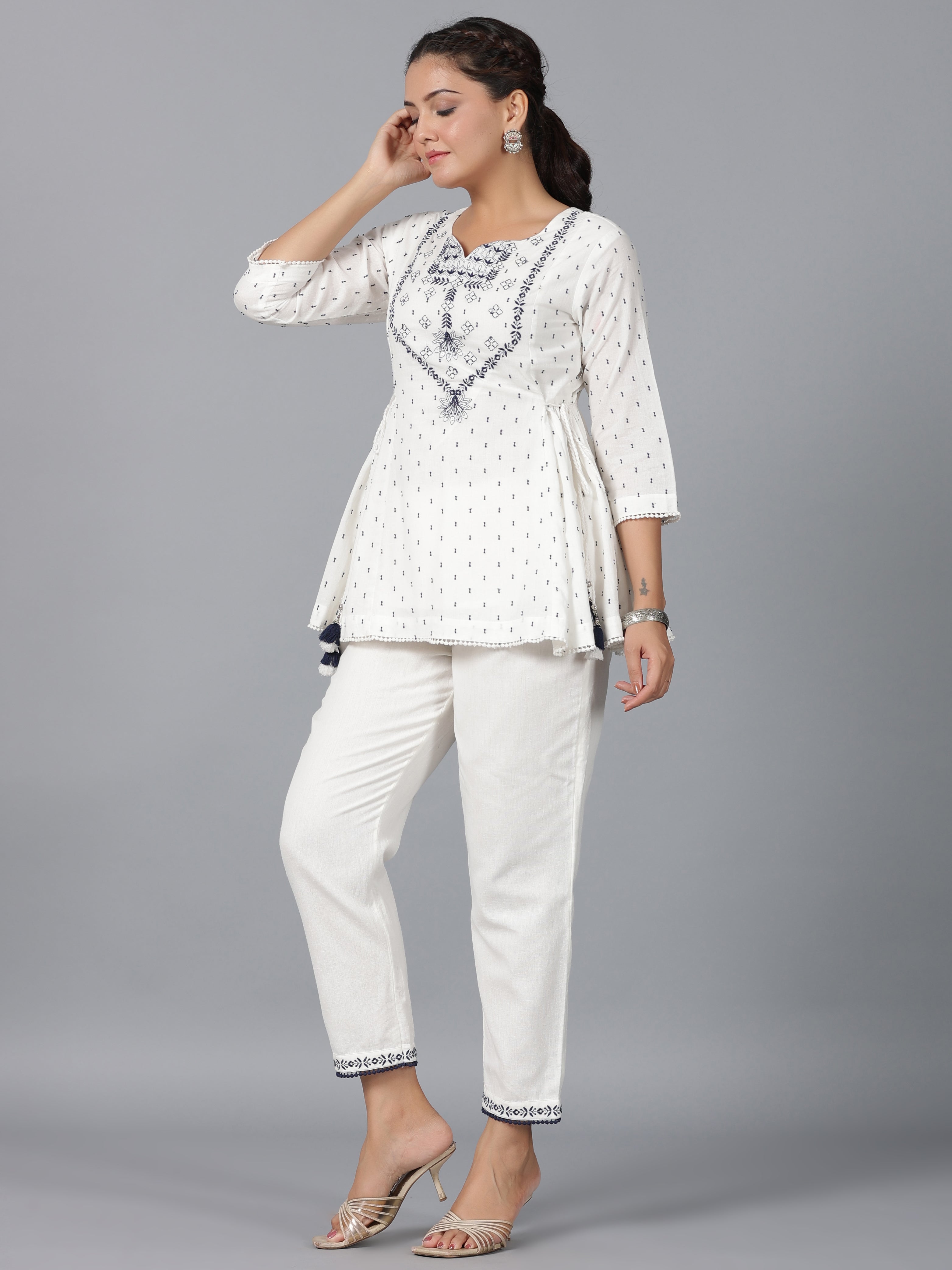 Juniper Women Off-White Cotton Dobby Embroidered Clothing Set