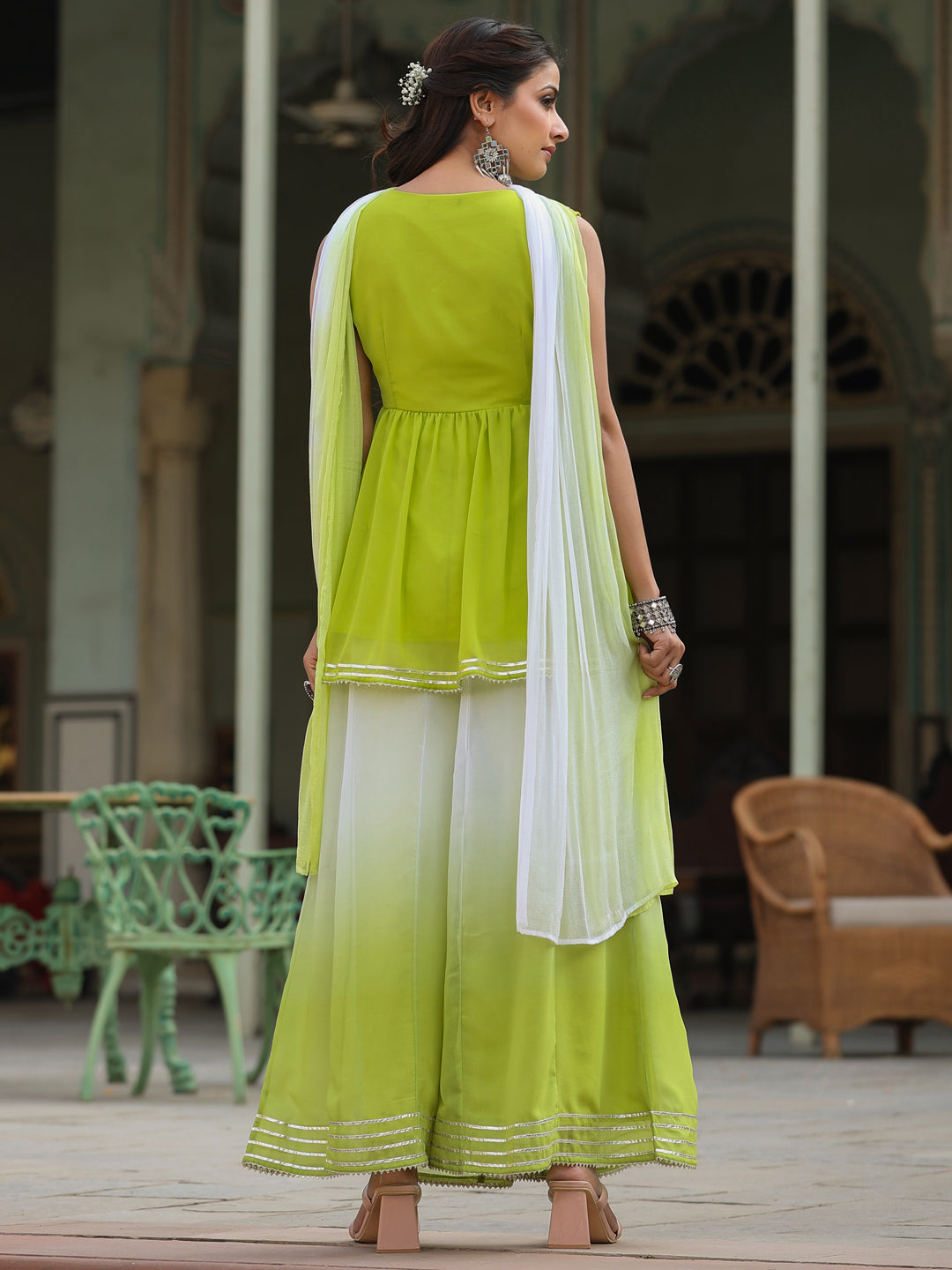Juniper Women Green Georgette Embroidered Kurta, Palazzo and Dupatta Set