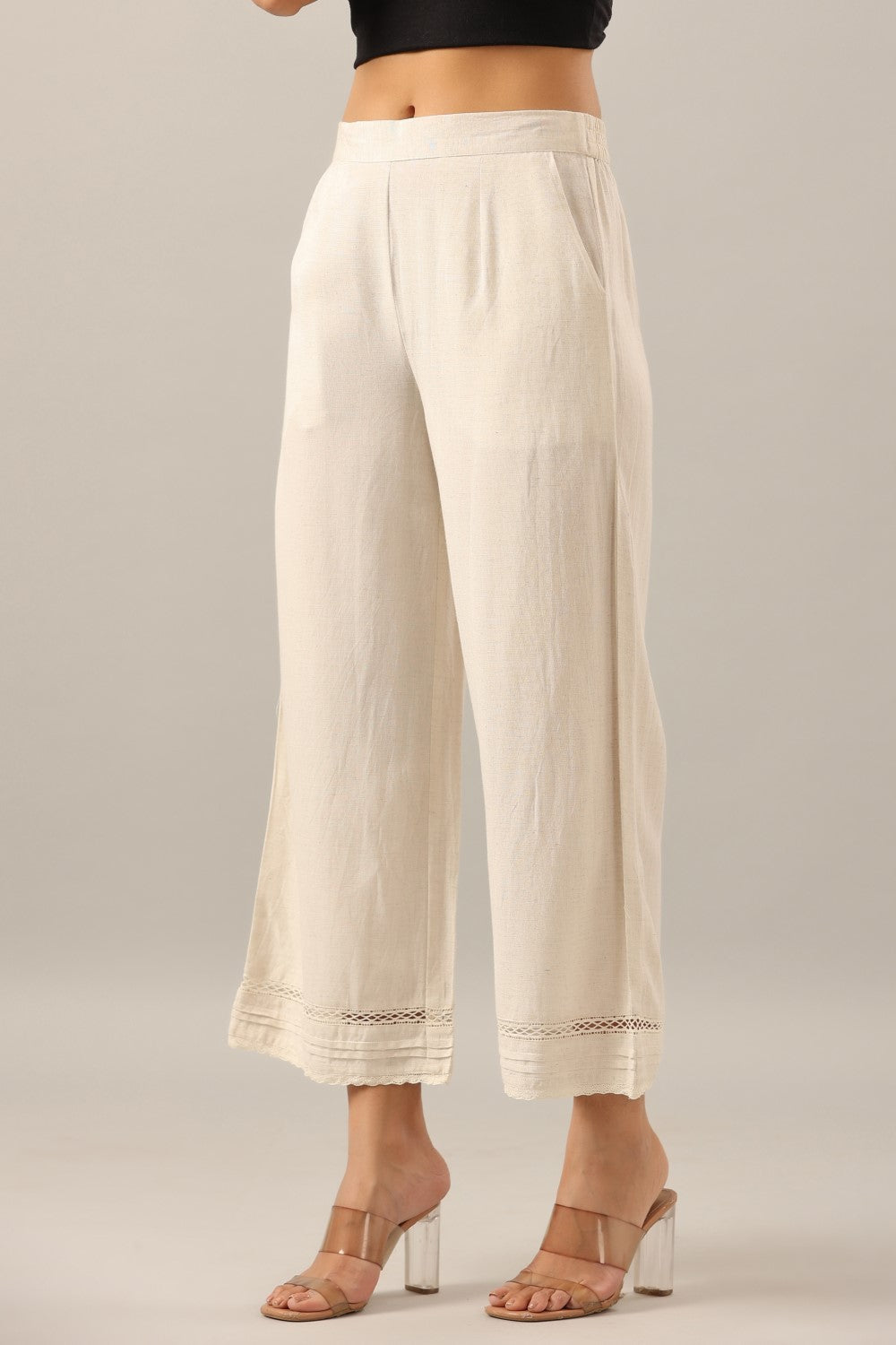 Juniper Women Off-White Rayon Flax Solid Palazzo