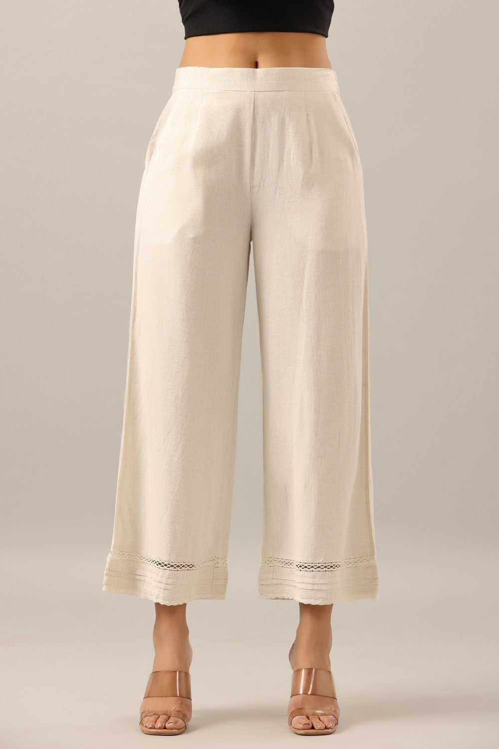 Juniper Women Off-White Rayon Flax Solid Palazzo