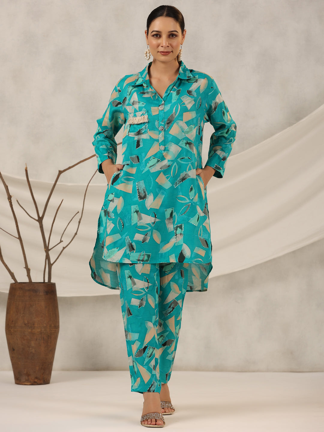 Juniper Women Turquoise Muslin Printed Clothing Set