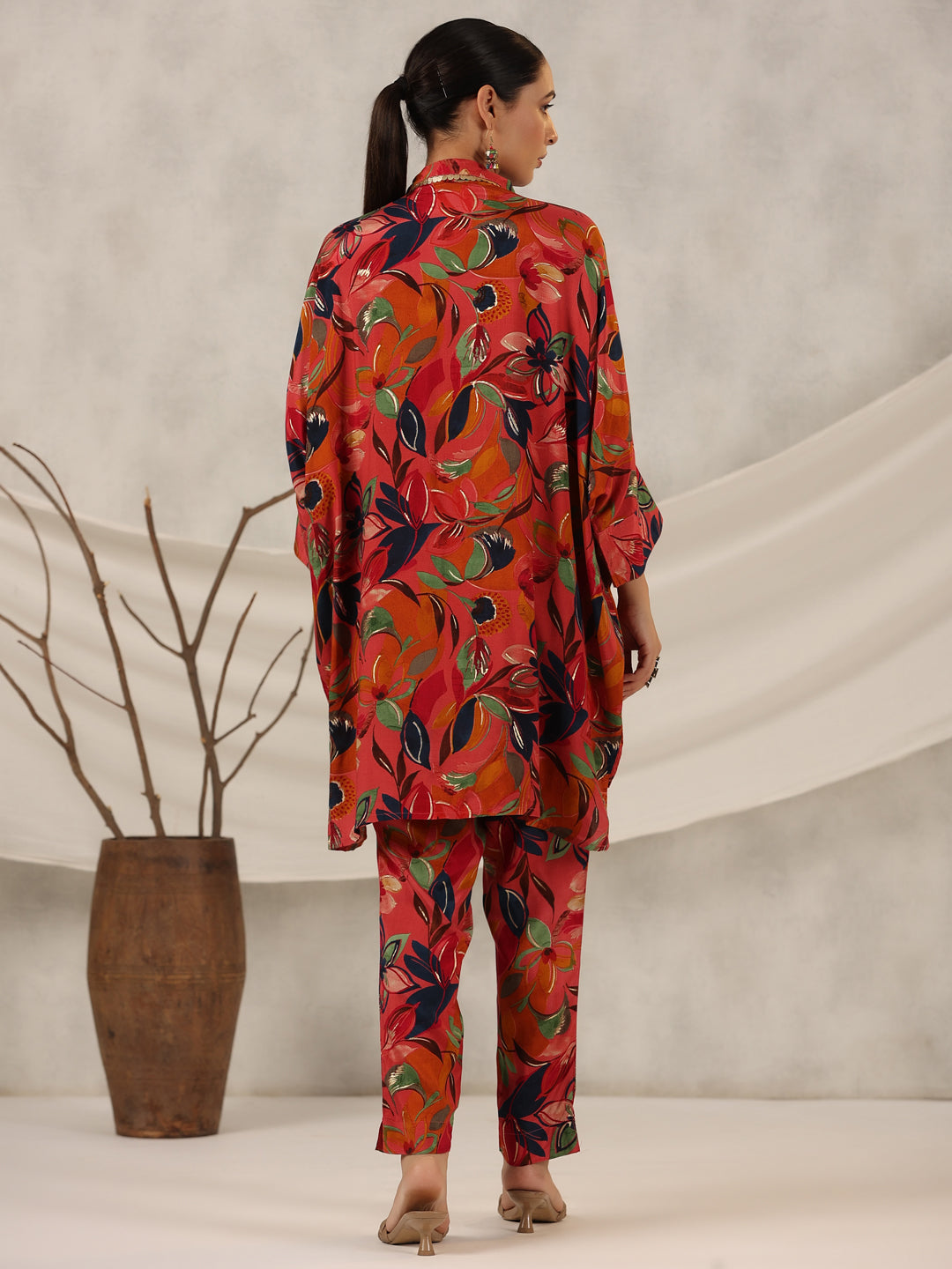 Juniper Rust Floral Printed Muslin Tunic & Pants With Sequins work