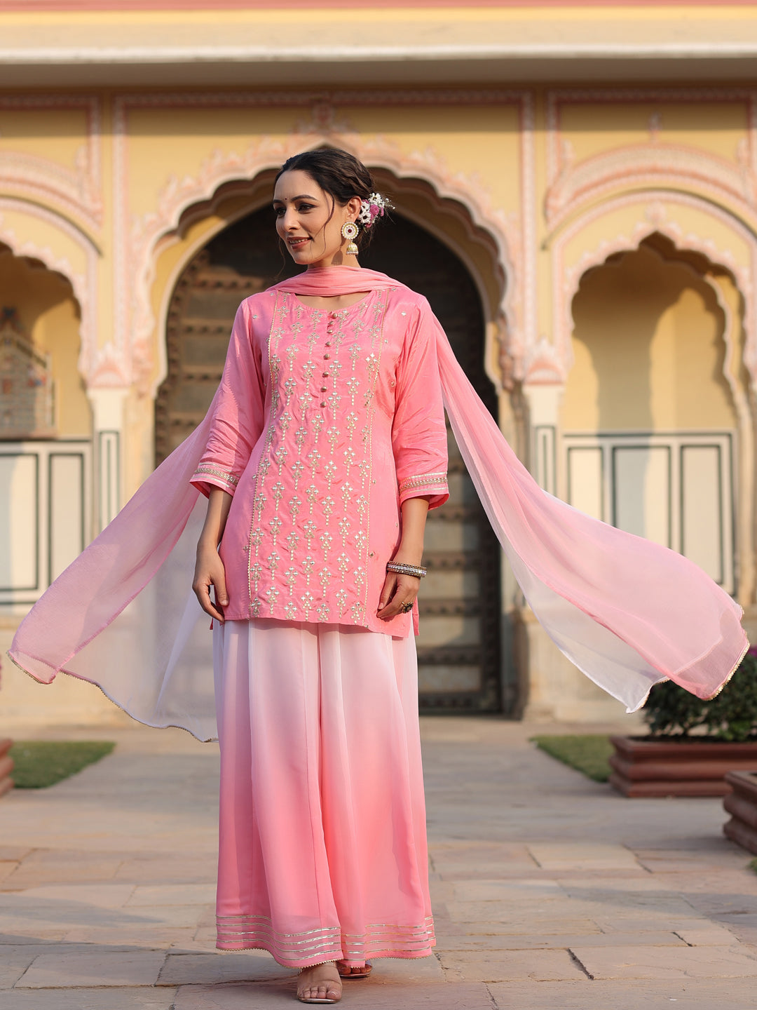 Juniper Women Pink Shantoon Embroidered Kurta, Palazzo and Dupatta Set