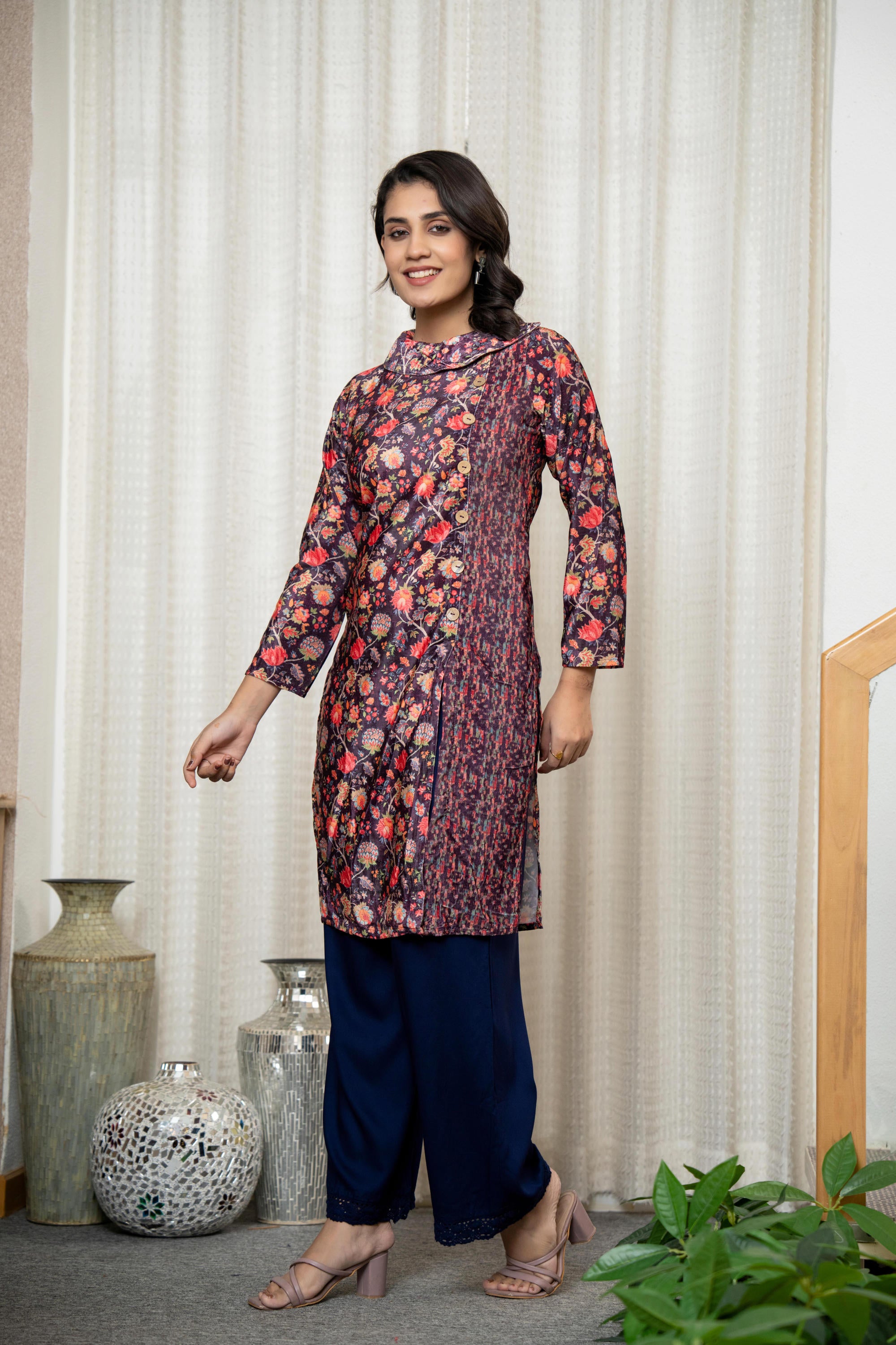 Multi Color Floral Printed Velvet Kurta With Buttons