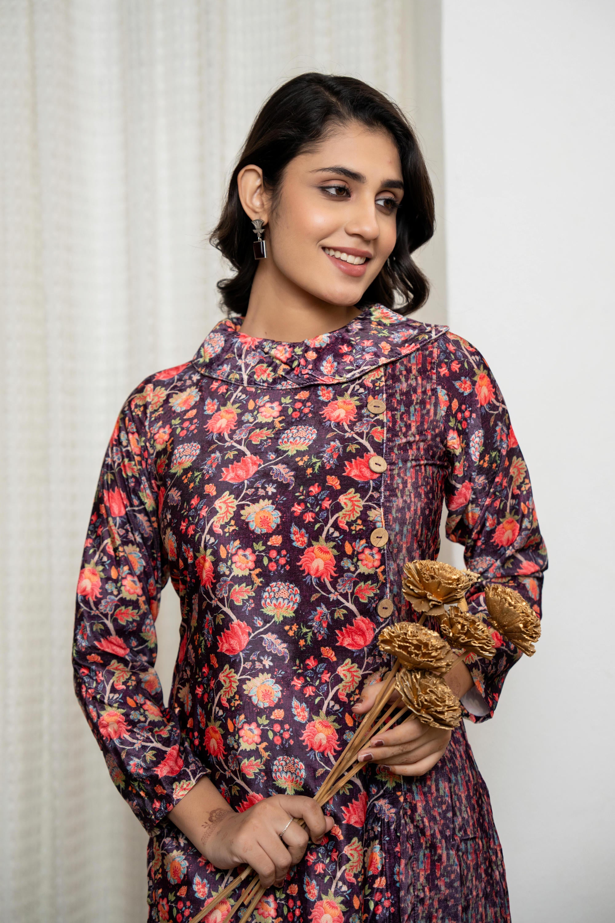 Multi Color Floral Printed Velvet Kurta With Buttons