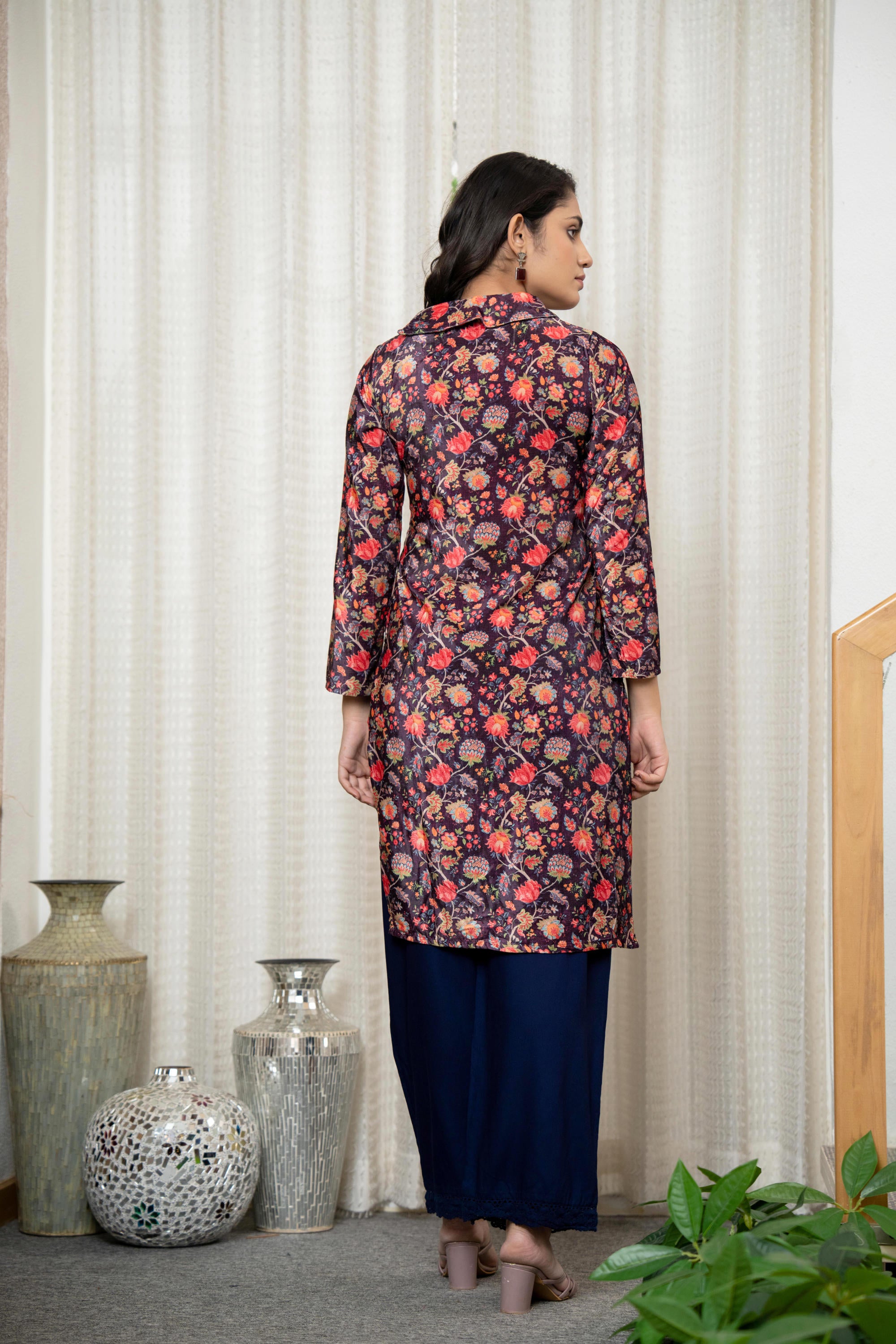 Multi Color Floral Printed Velvet Kurta With Buttons