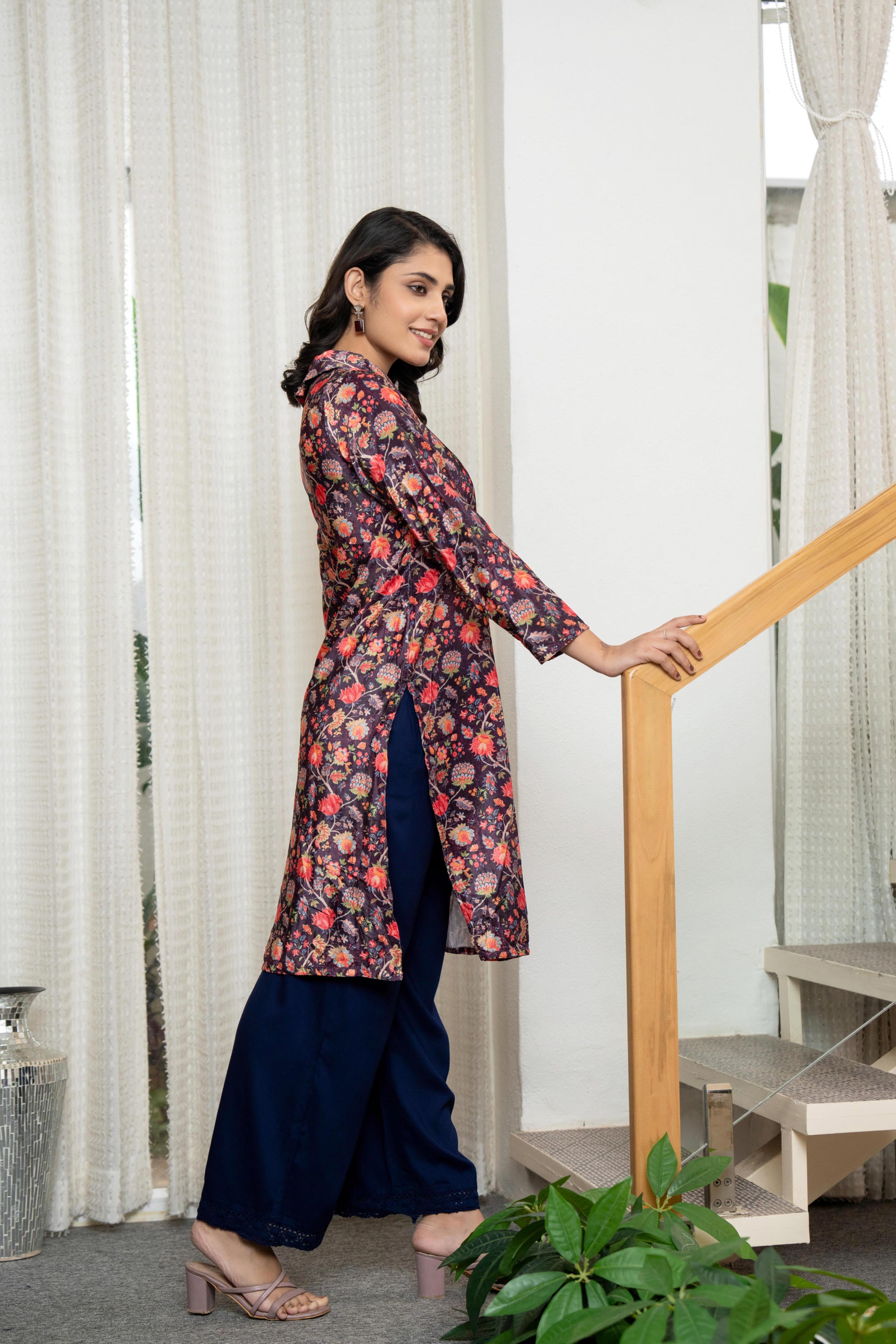 Multi Color Floral Printed Velvet Kurta With Buttons