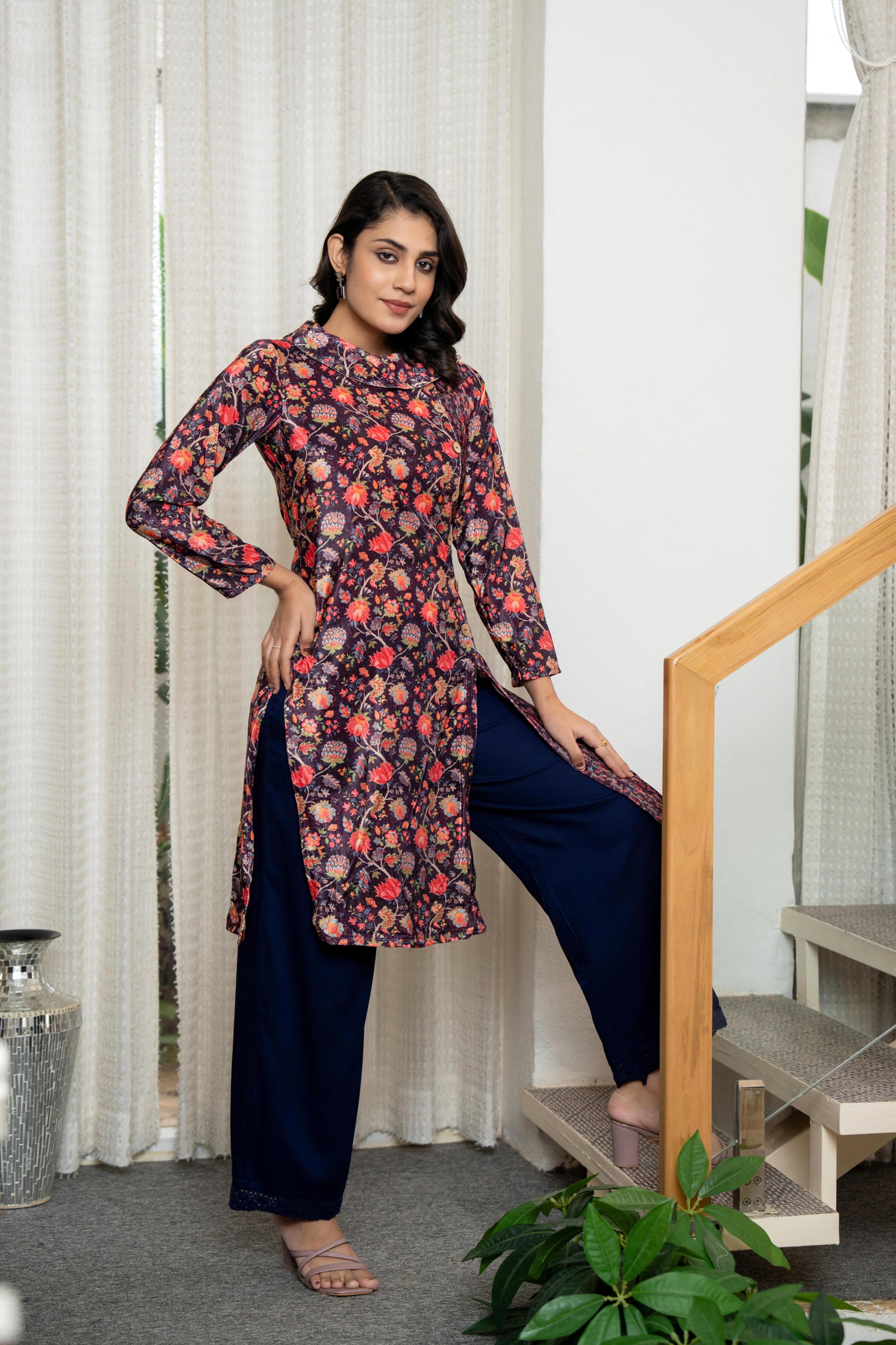 Multi Color Floral Printed Velvet Kurta With Buttons