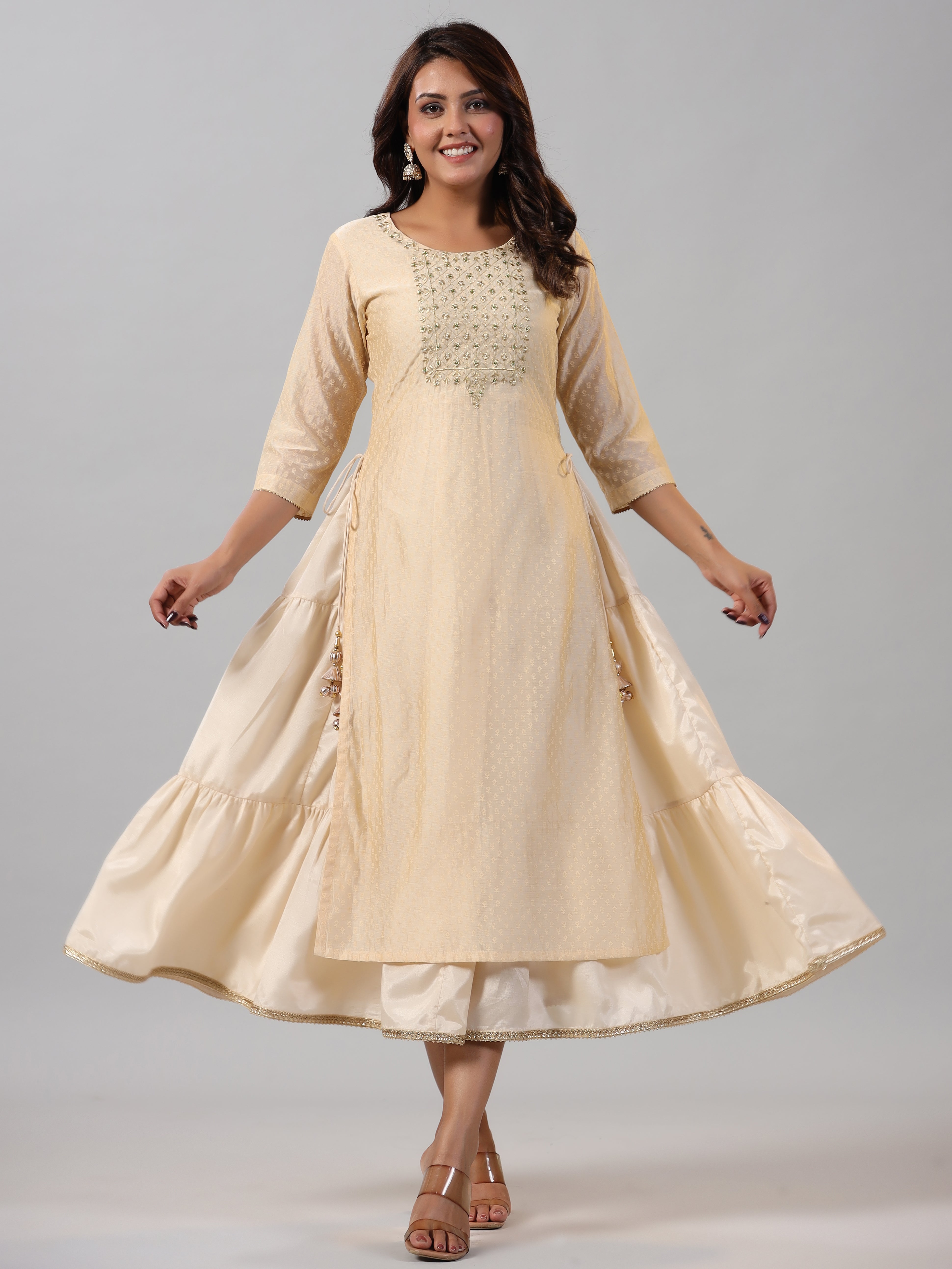Juniper Gold Chanderi Ethnic Motif Printed Layered Maxi Dress with Zari Embroidery