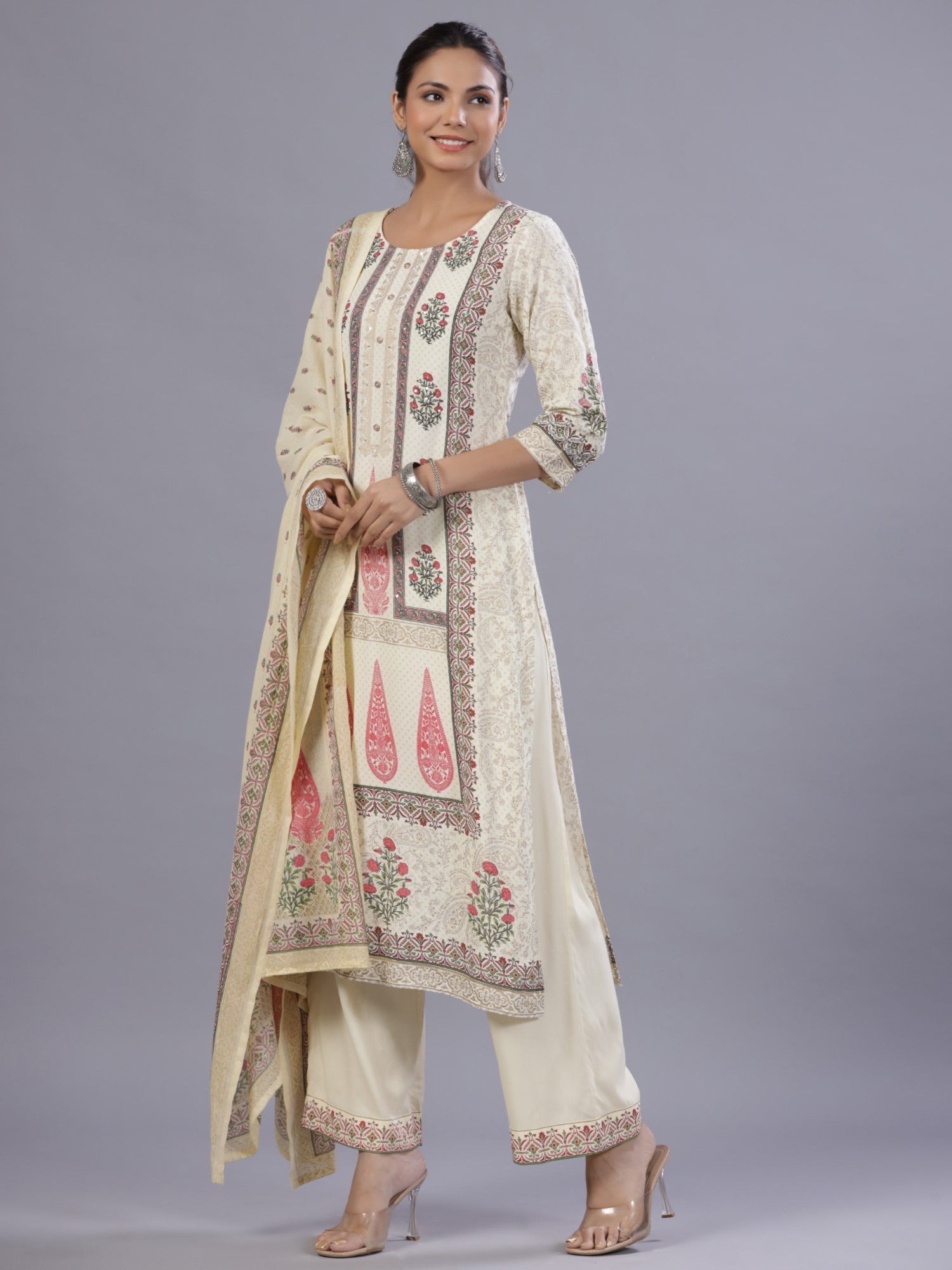 Juniper Yellow Ethnic Printed Rayon Kurta Pants and Dupatta Set