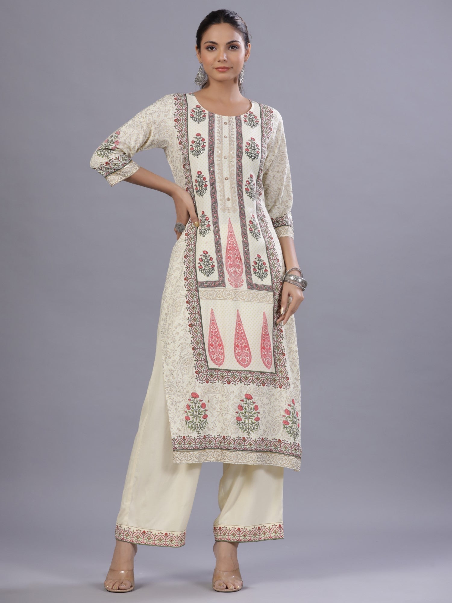 Juniper Yellow Ethnic Printed Rayon Kurta Pants and Dupatta Set
