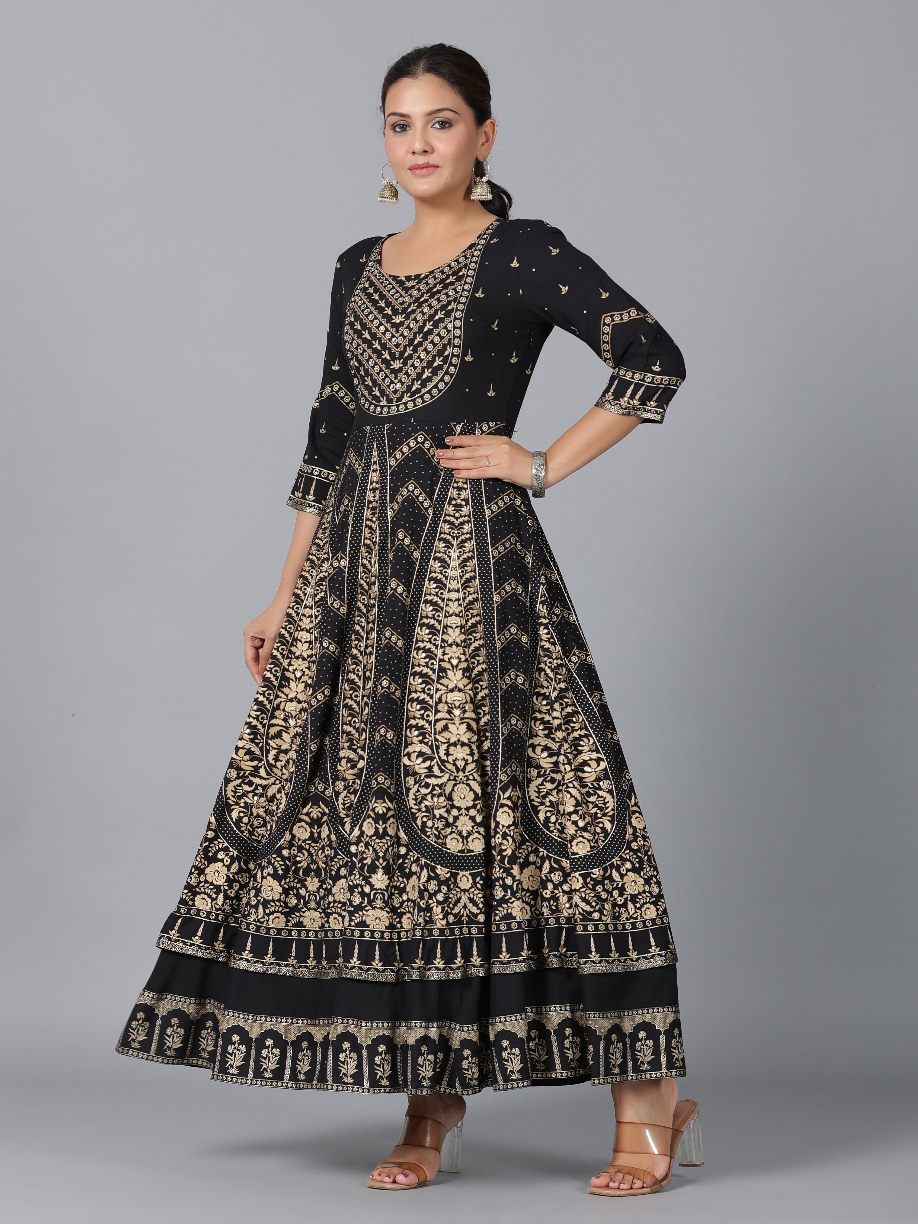 Juniper Women Black Rayon Printed Anarkali Dress