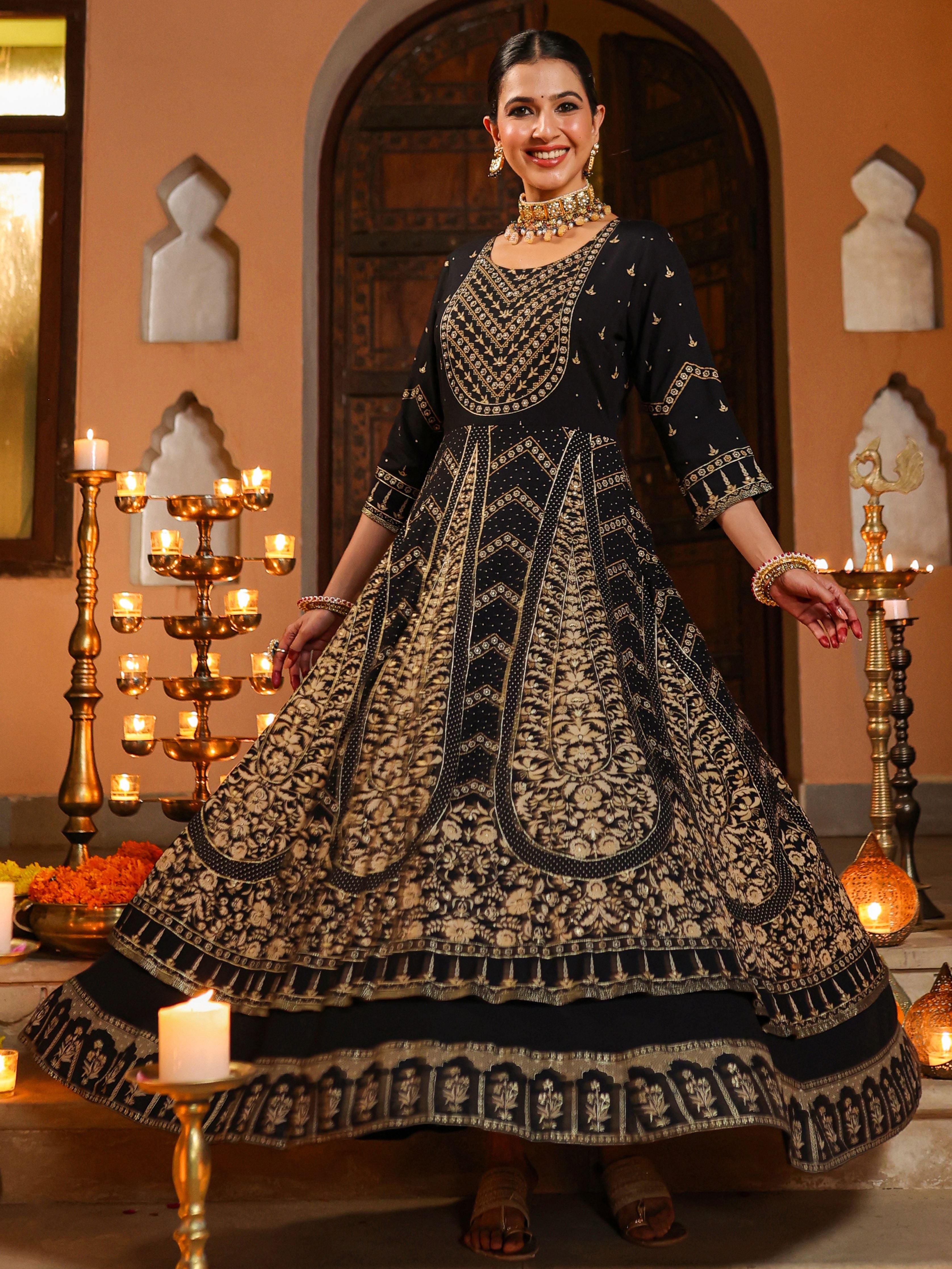 Juniper Women Black LIVA Printed Anarkali Dress