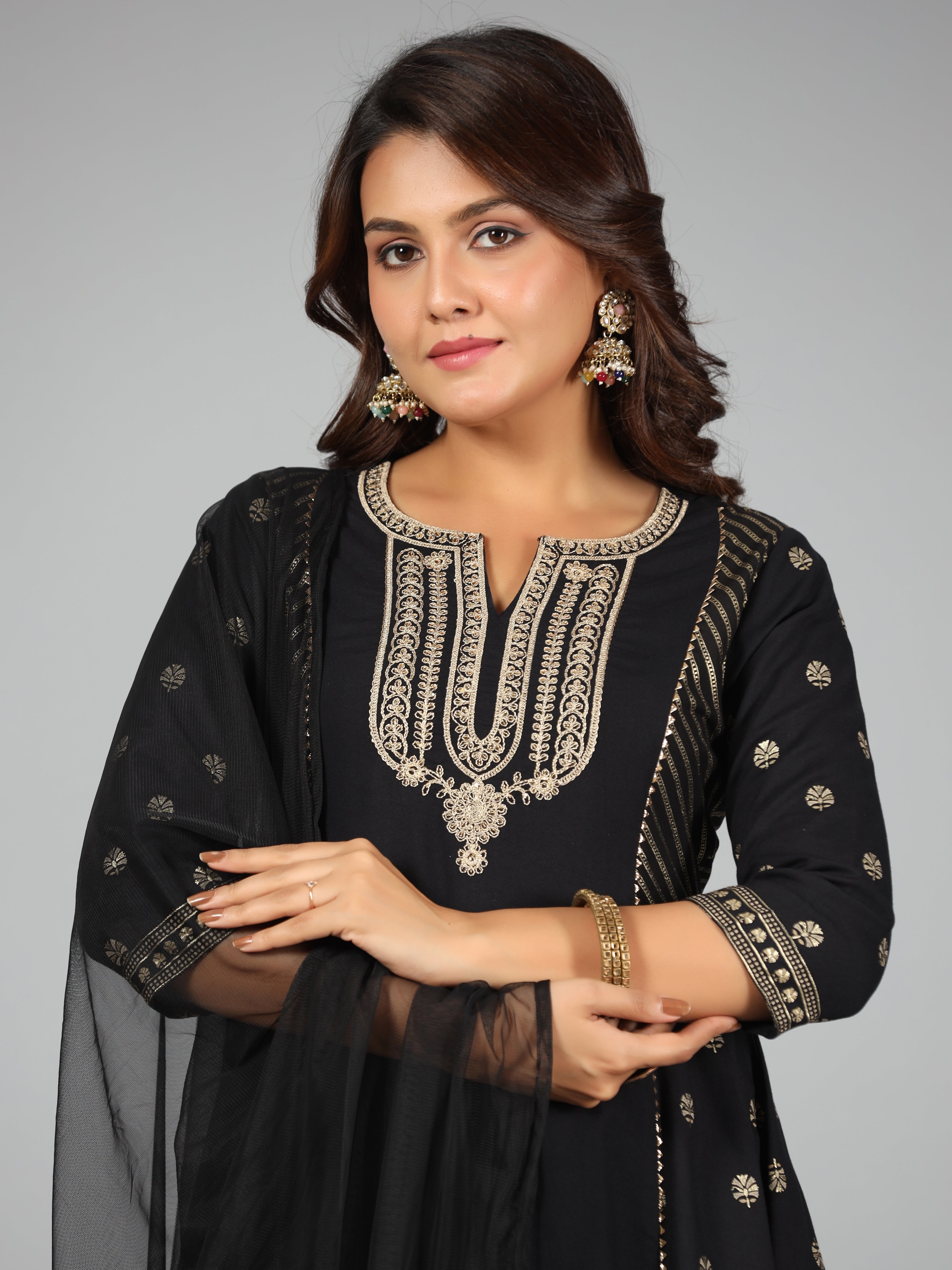 Juniper Women Black Rayon Printed Kurta, Sharara & Dupatta Set