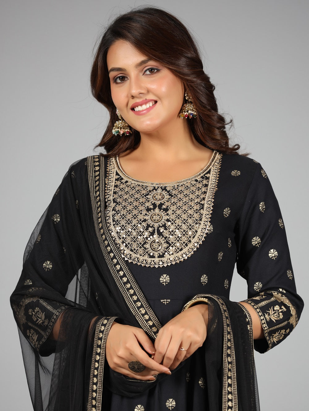 Juniper Women Black Rayon Printed with Embroidery Kurta, Pants & Dupatta Set