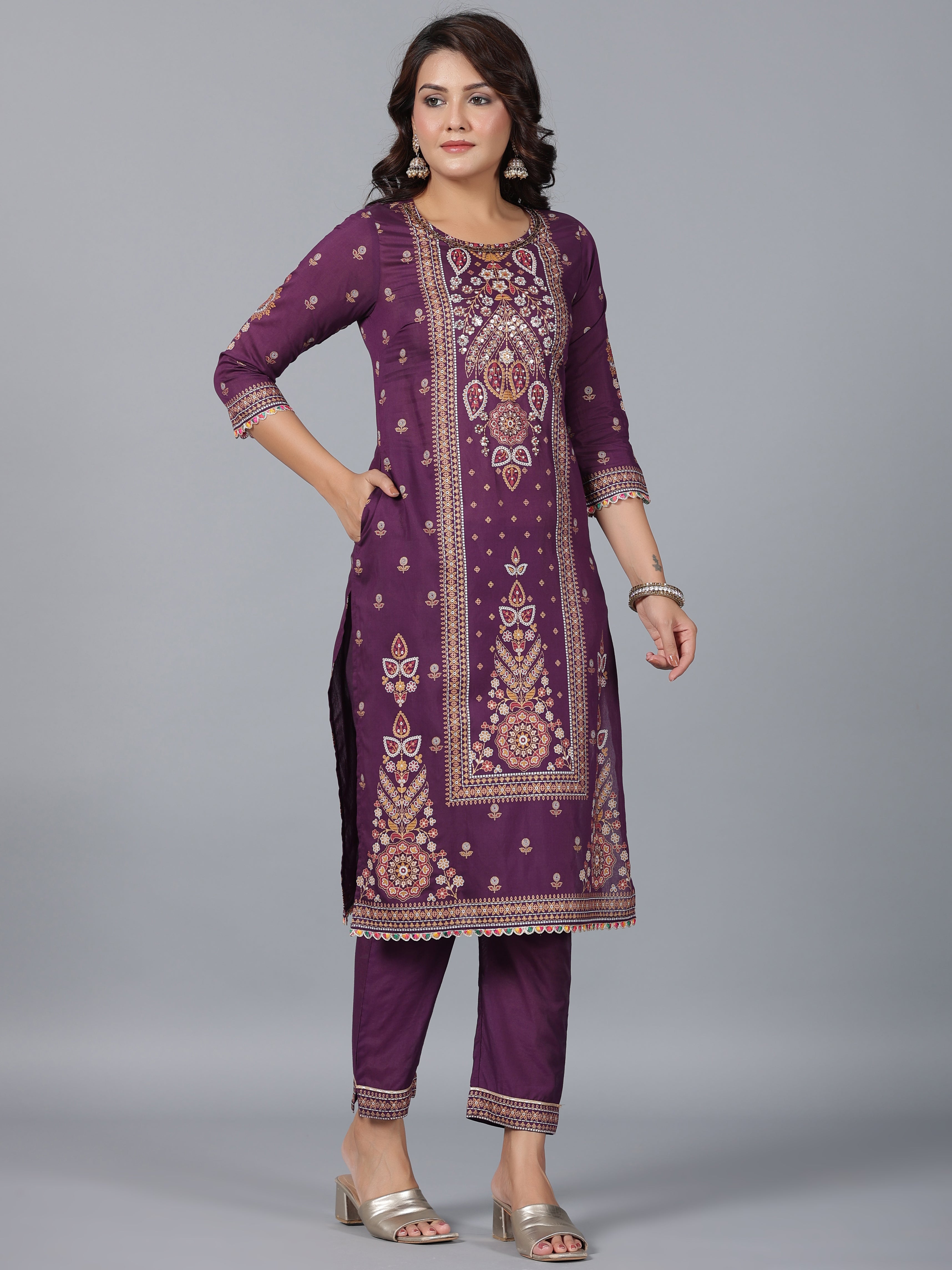 Juniper Women Purple Chanderi Printed Kurta Pants & Dupatta Set