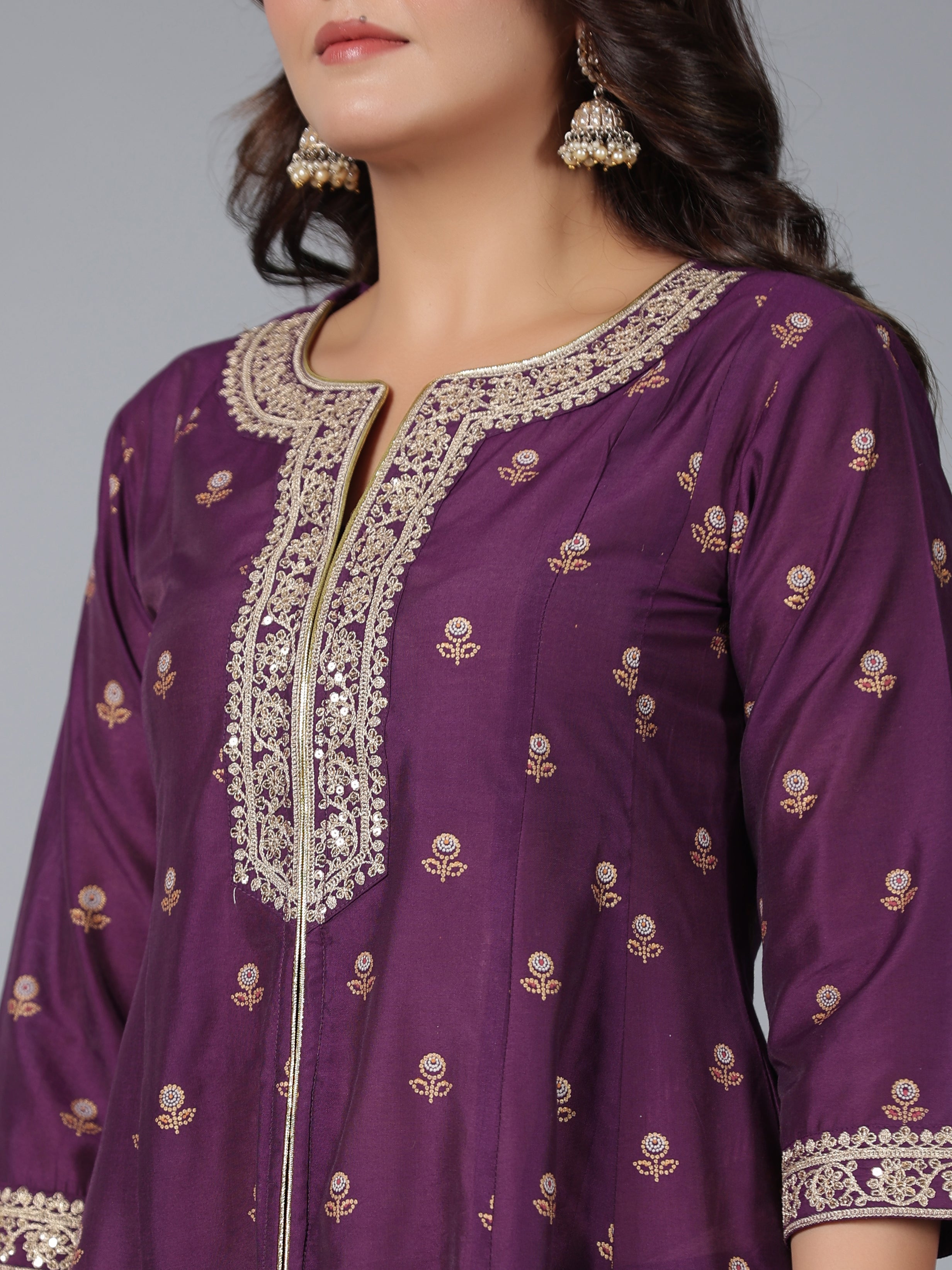 Juniper Purple Chanderi Ethnic Motif Printed Kurta, Pants & Dupatta Set with Zari Embroidery