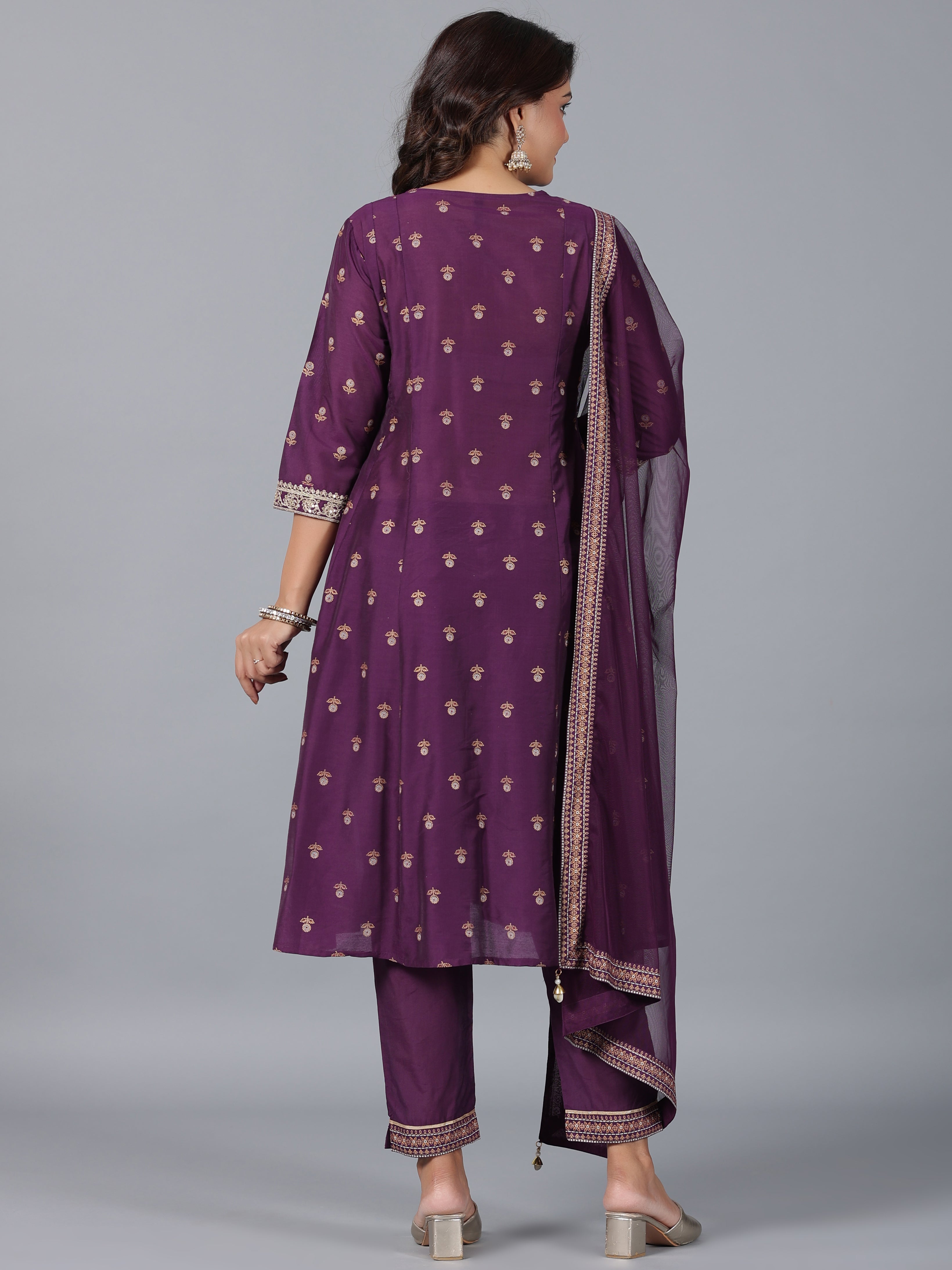 Juniper Purple Chanderi Ethnic Motif Printed Kurta, Pants & Dupatta Set with Zari Embroidery