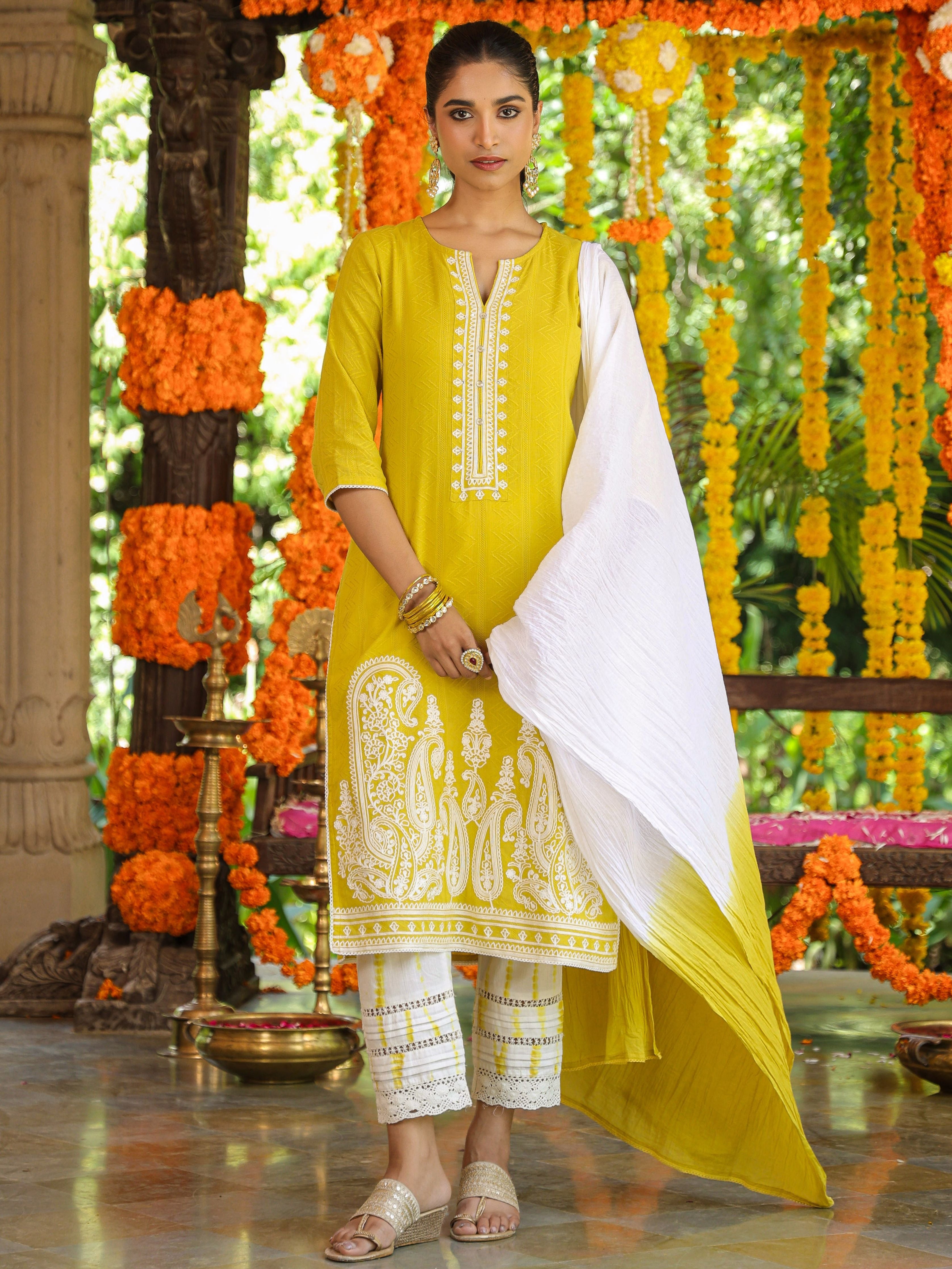 Wholesale Women's Embroidered Cotton Blend Straight Kurta Pant Dupatta Set  – Tradyl