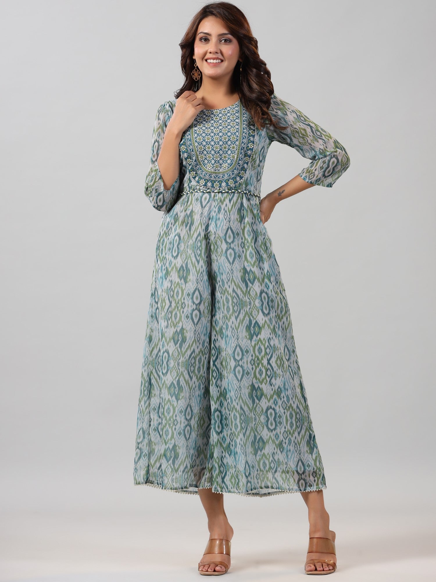 Juniper Women Green Chiffon Printed with Embroidery Jumpsuit