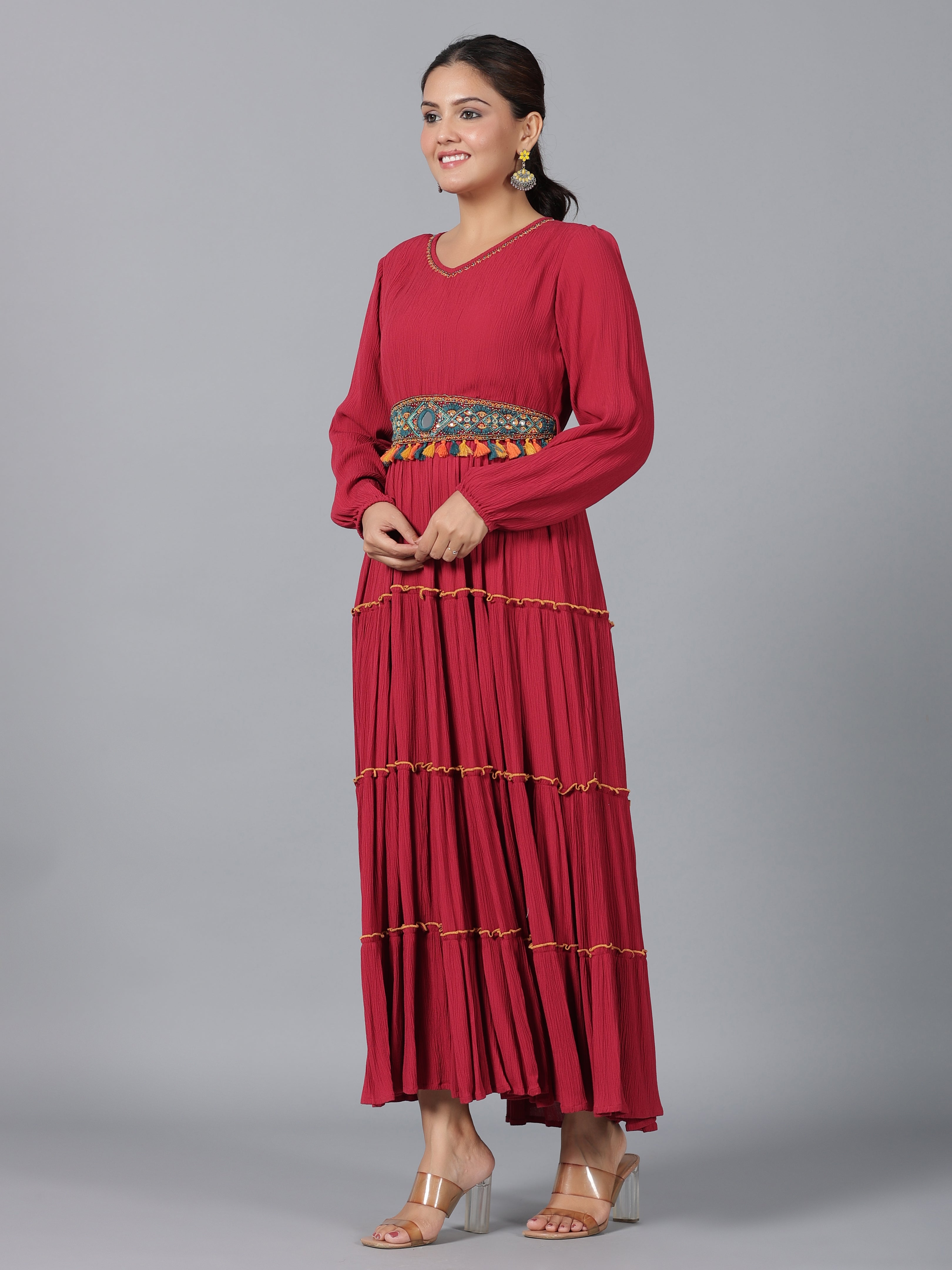 Juniper Maroon Ethnic Motif Printed Rayon Crepe Tiered Maxi Dress With Thread Work Embroidery