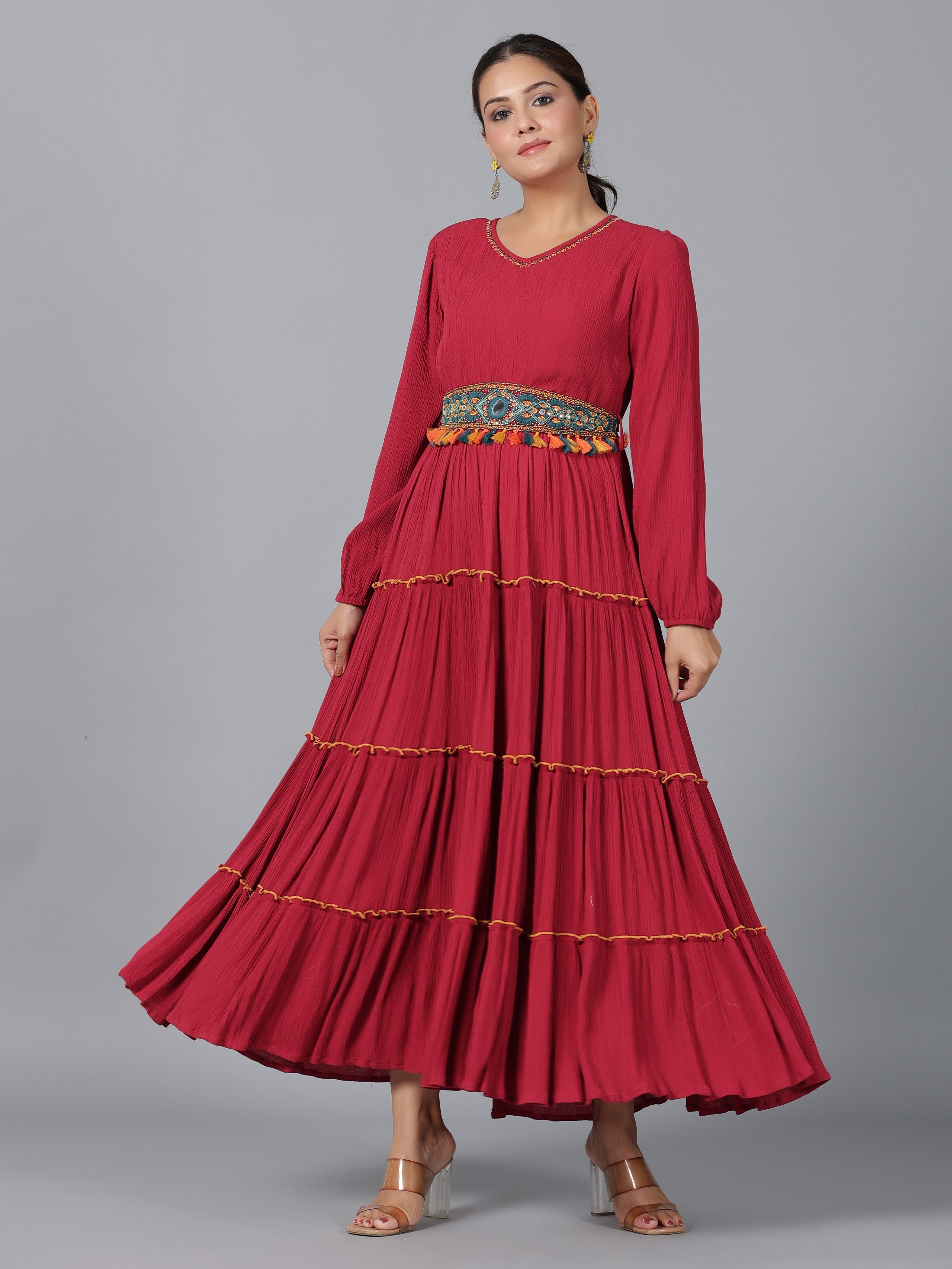 Juniper Maroon Ethnic Motif Printed Rayon Crepe Tiered Maxi Dress With Thread Work Embroidery