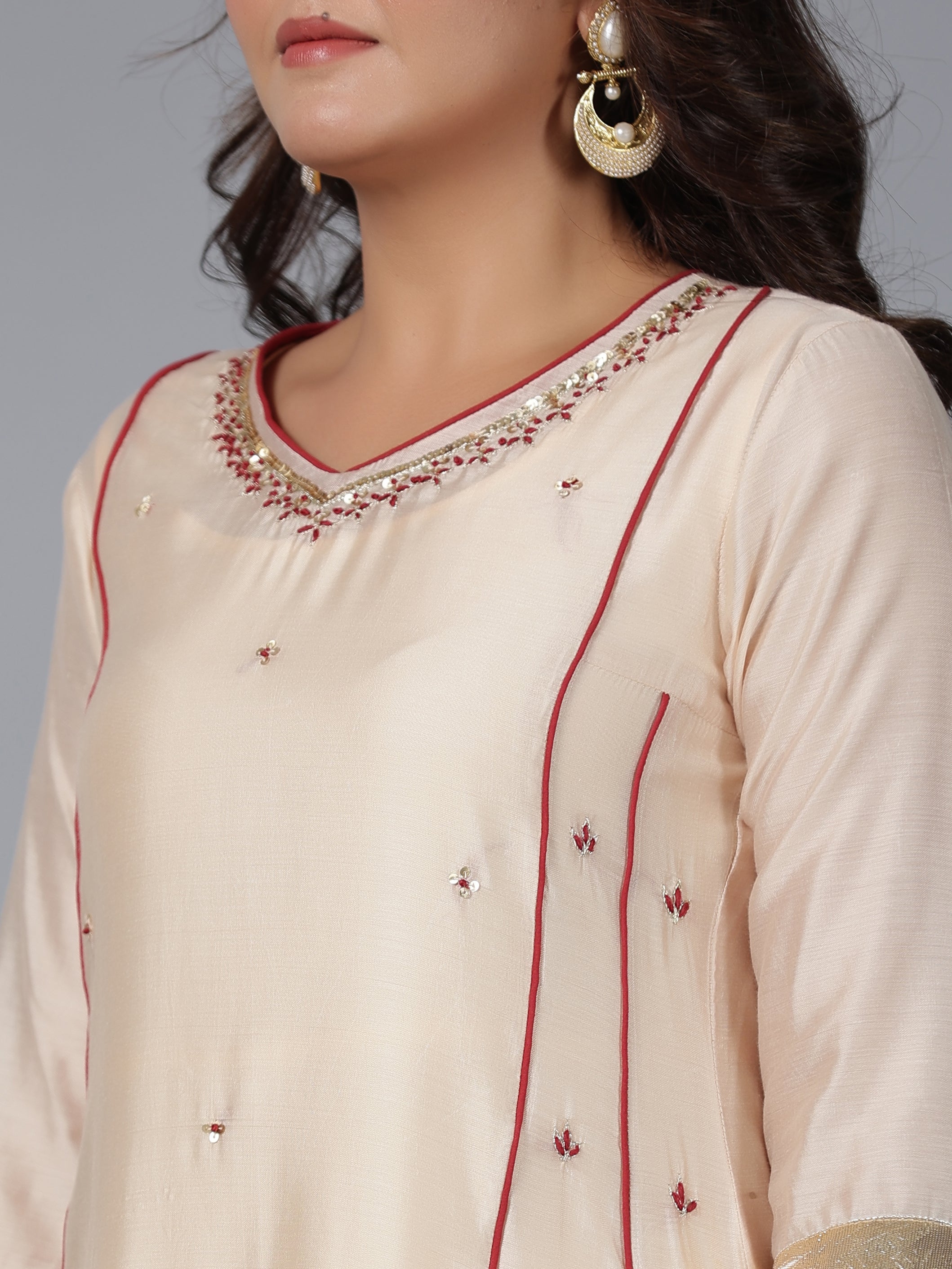 Juniper Women Beige Chanderi Embroidered Kurta, Pants & Dupatta Set