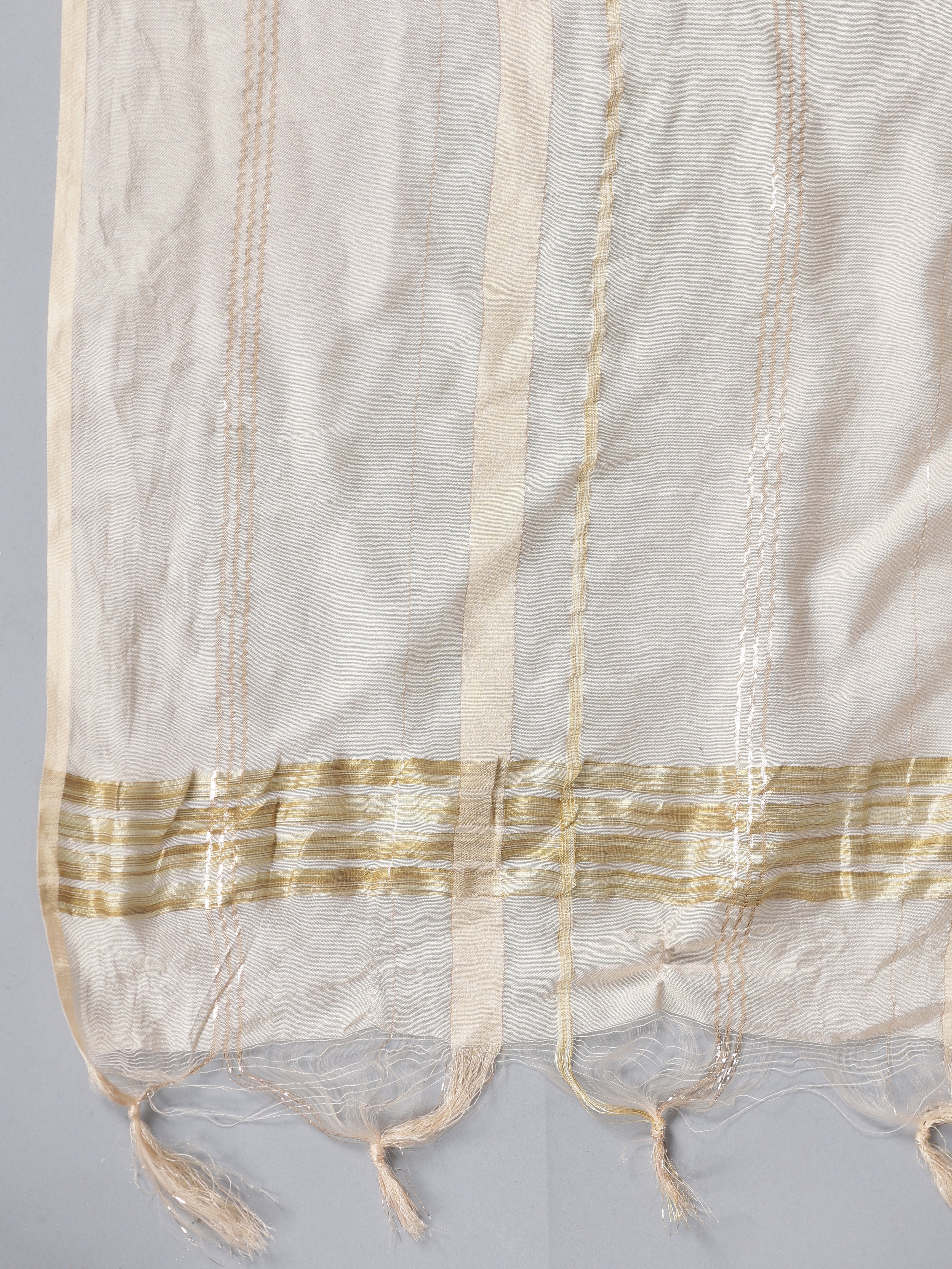 Juniper Women Beige Chanderi Embroidered Kurta, Pants & Dupatta Set