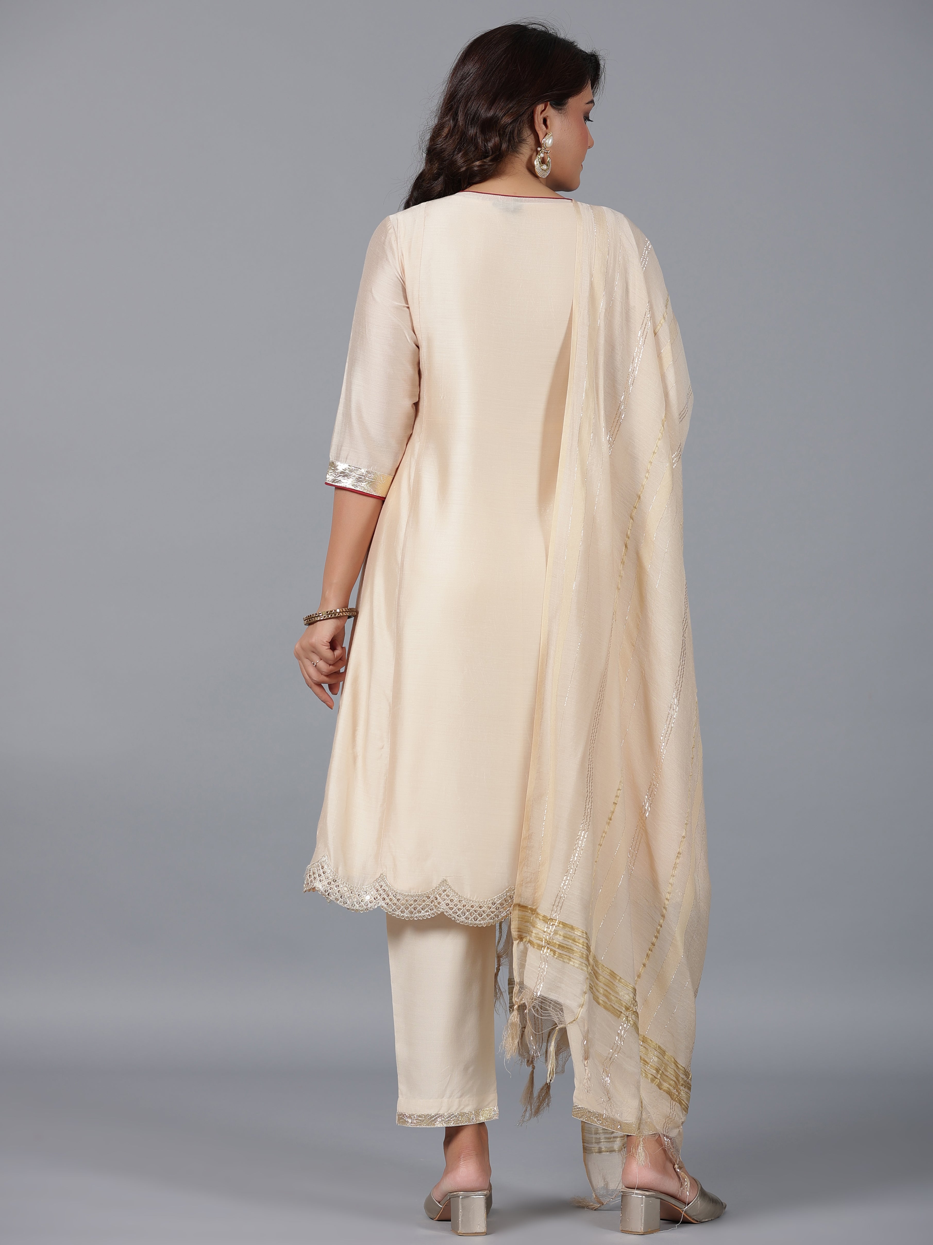 Juniper Women Beige Chanderi Embroidered Kurta, Pants & Dupatta Set