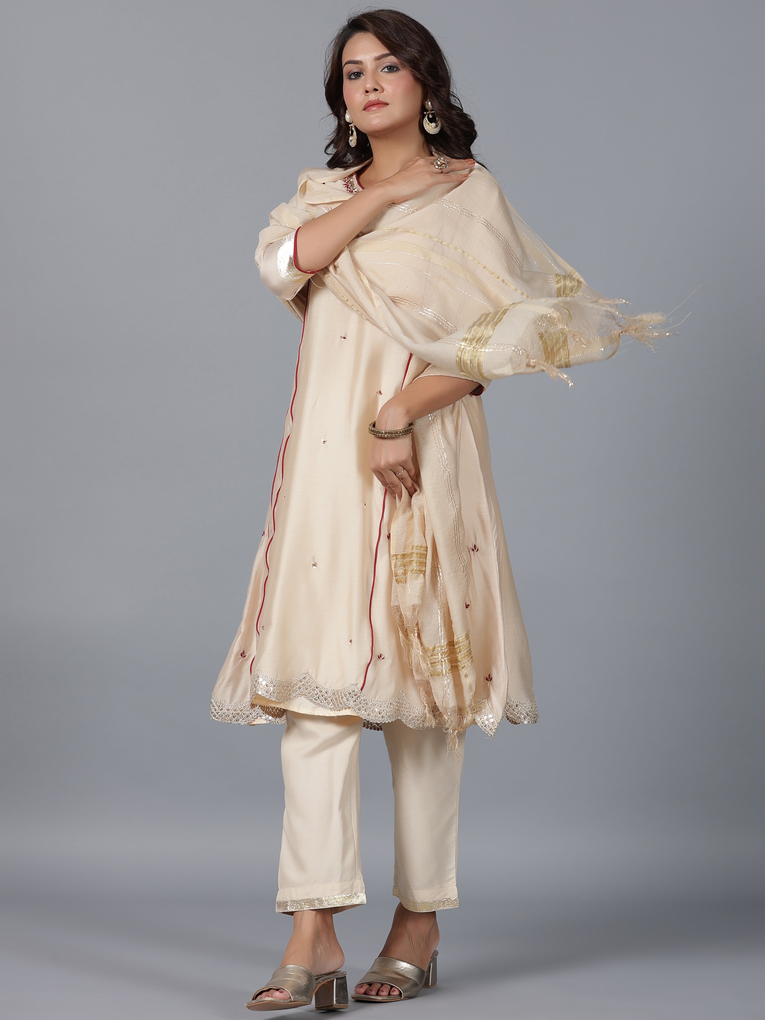 Juniper Women Beige Chanderi Embroidered Kurta, Pants & Dupatta Set