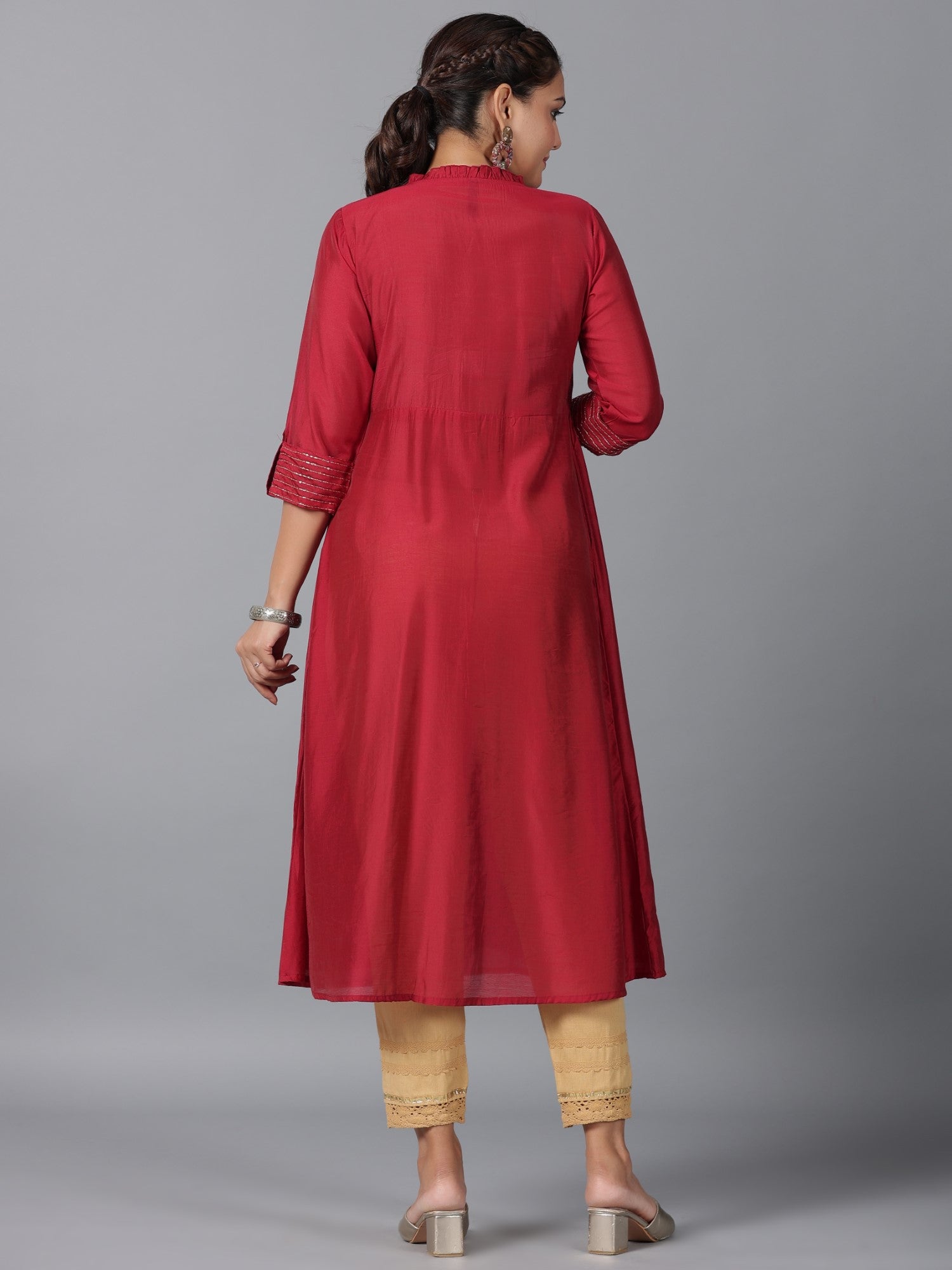 Juniper  Maroon Stripped Print Chanderi Embroidered Jacket Style Kurta Dress With Sequins & Zari Work