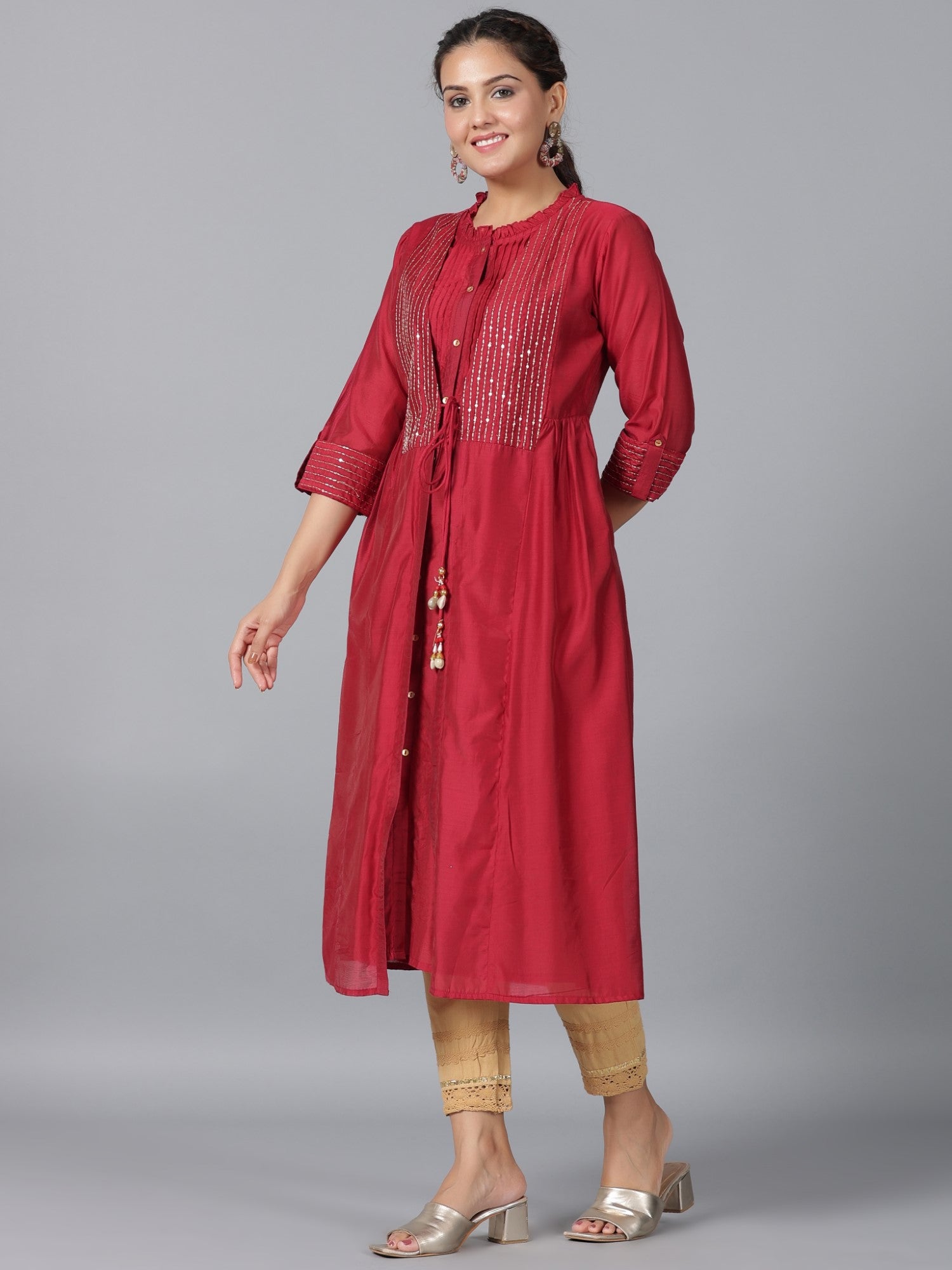 Juniper  Maroon Stripped Print Chanderi Embroidered Jacket Style Kurta Dress With Sequins & Zari Work
