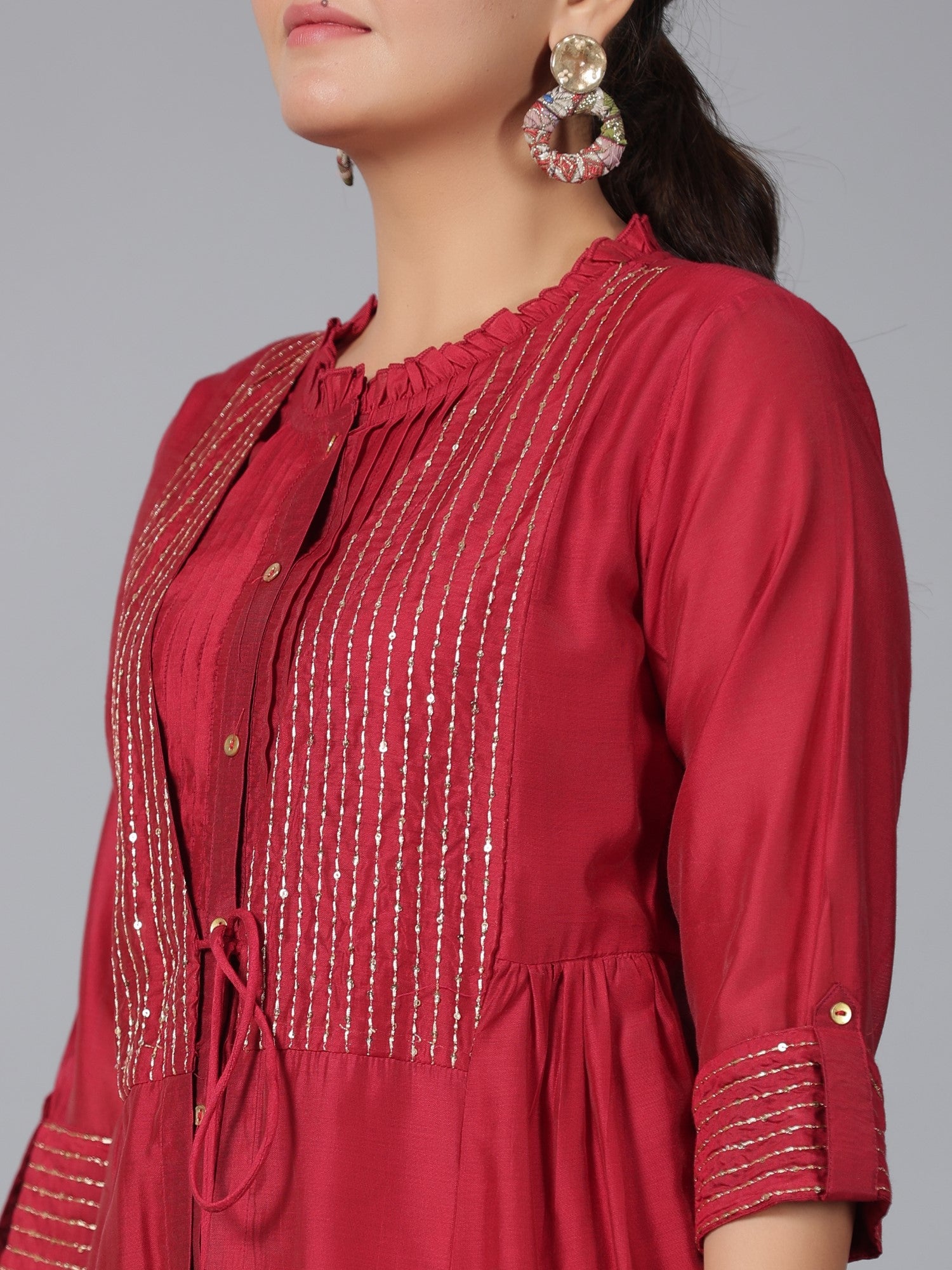 Juniper Women Maroon Chanderi Embroidered Jacket Style Kurta Dress