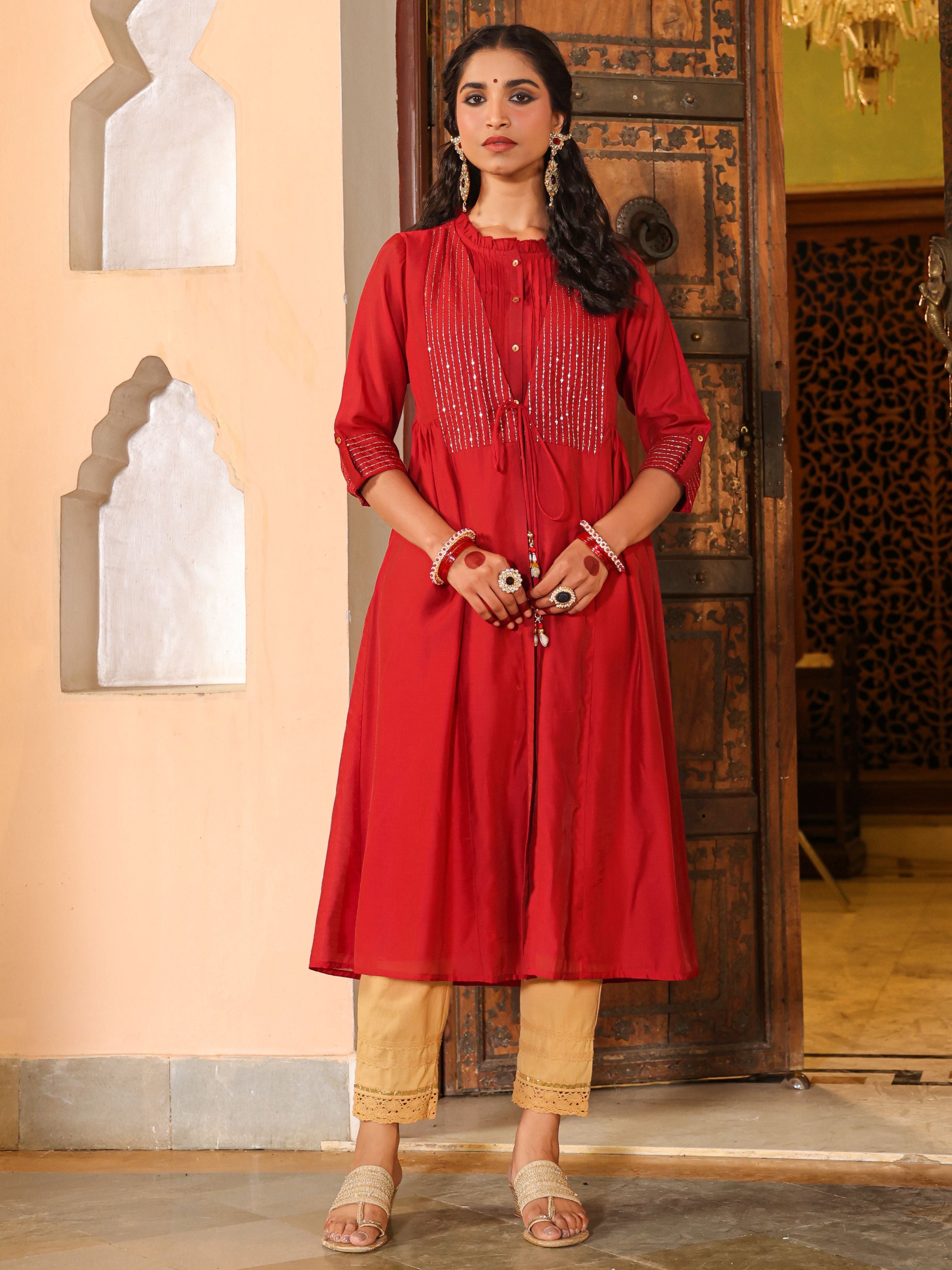 Juniper Women Maroon Chanderi Embroidered Jacket Style Kurta Dress